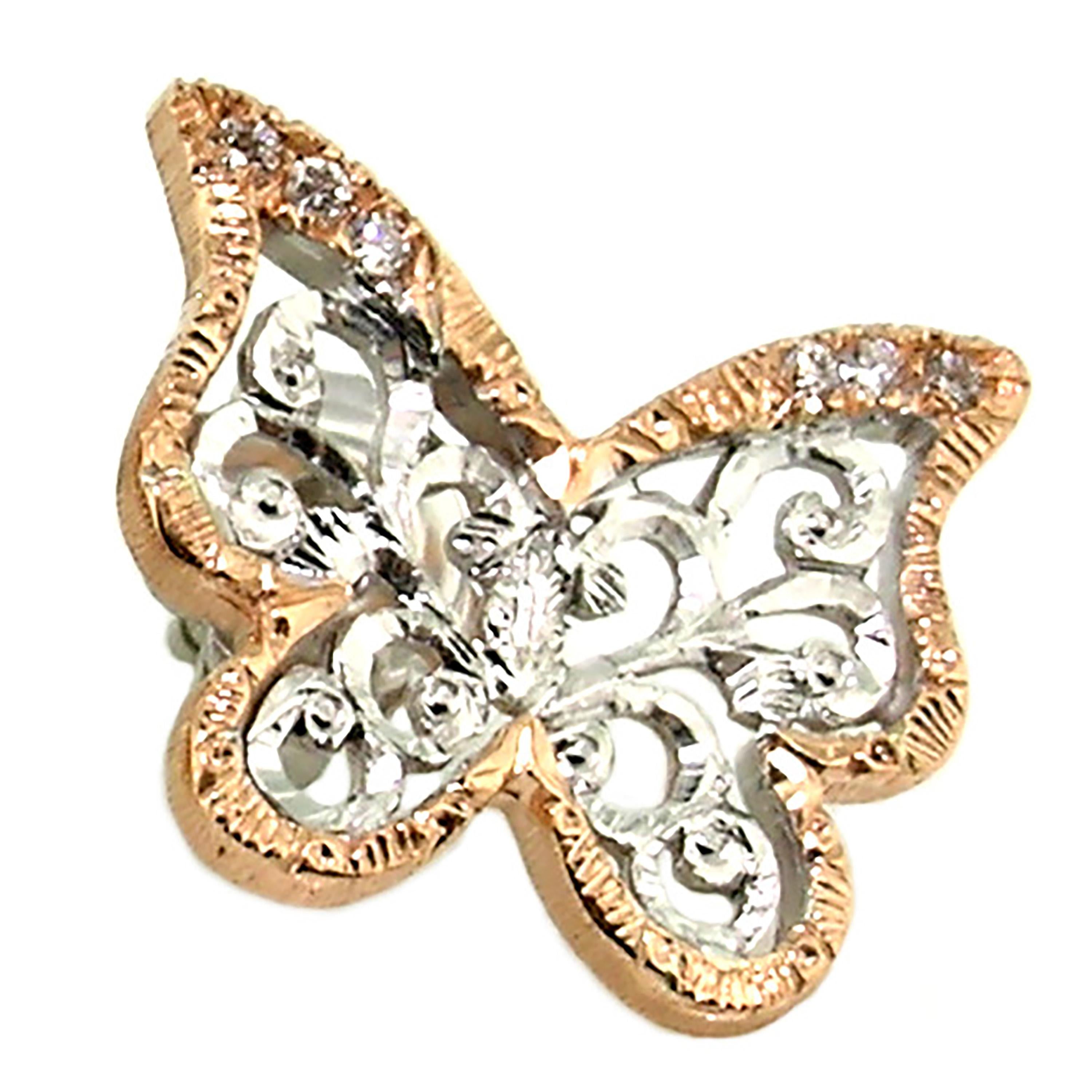 18kt and Diamond Butterfly Engraved Earrings, Handmade in Florence, Italy In New Condition In Logan, UT