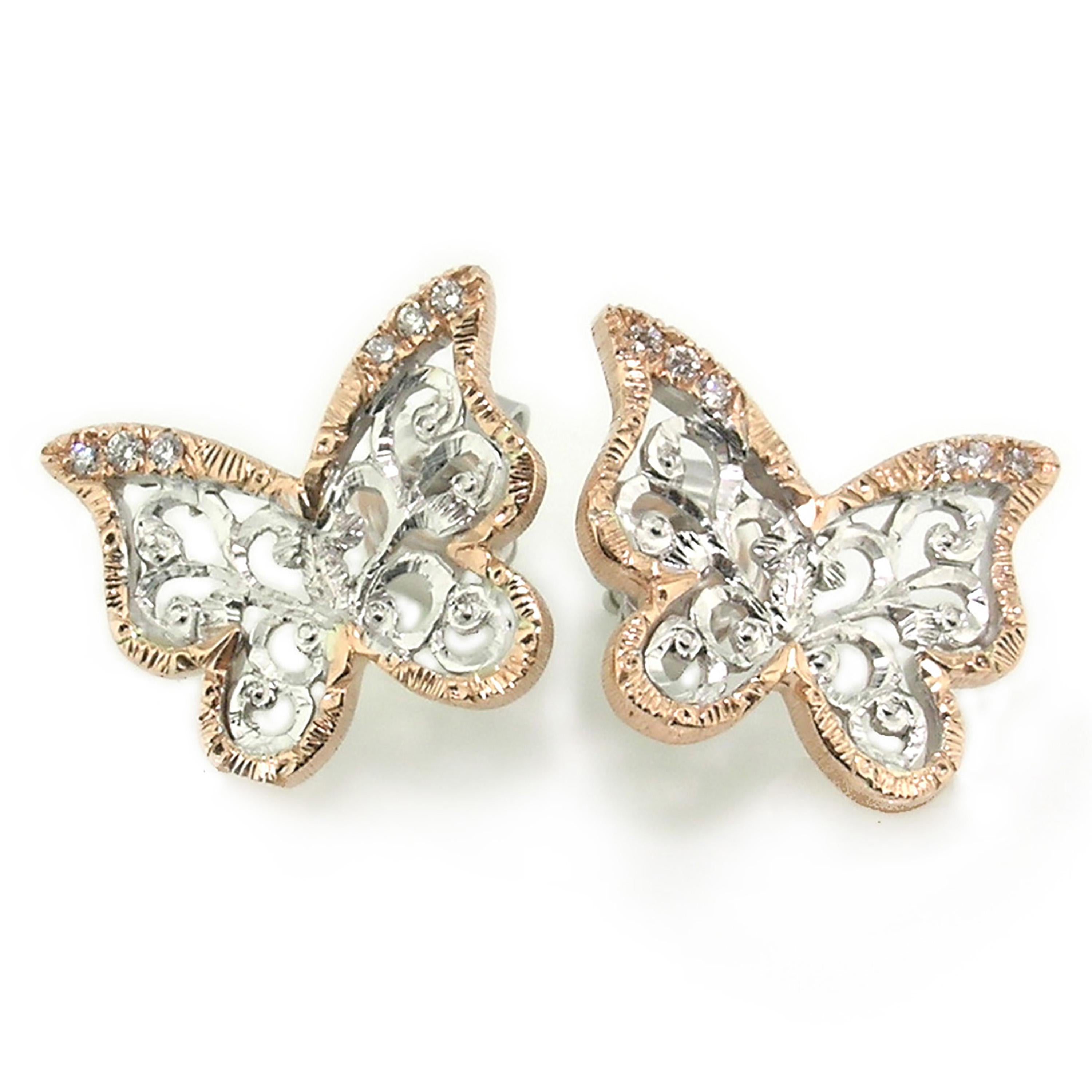 Women's 18kt and Diamond Butterfly Engraved Earrings, Handmade in Florence, Italy