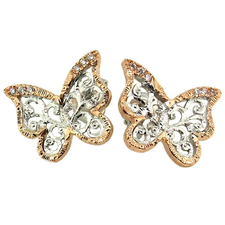 18kt and Diamond Butterfly Engraved Earrings, Handmade in Florence