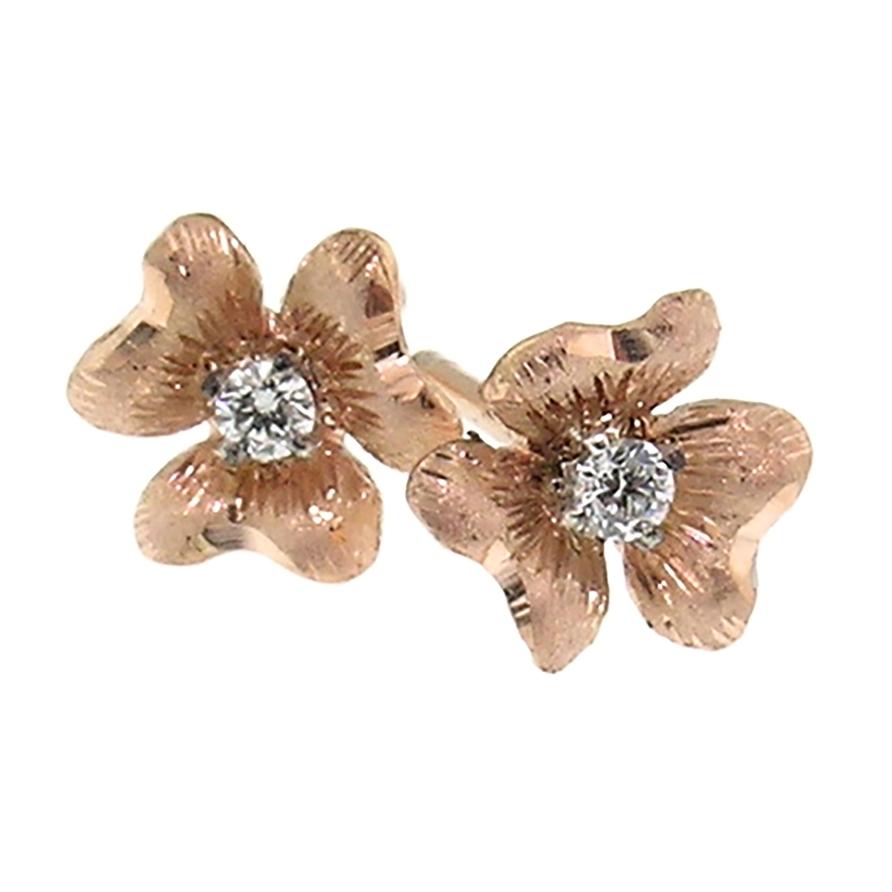Ohrringe aus 18 Karat Roségold mit Blumenmuster und Diamanten, hergestellt in Florenz, Italien