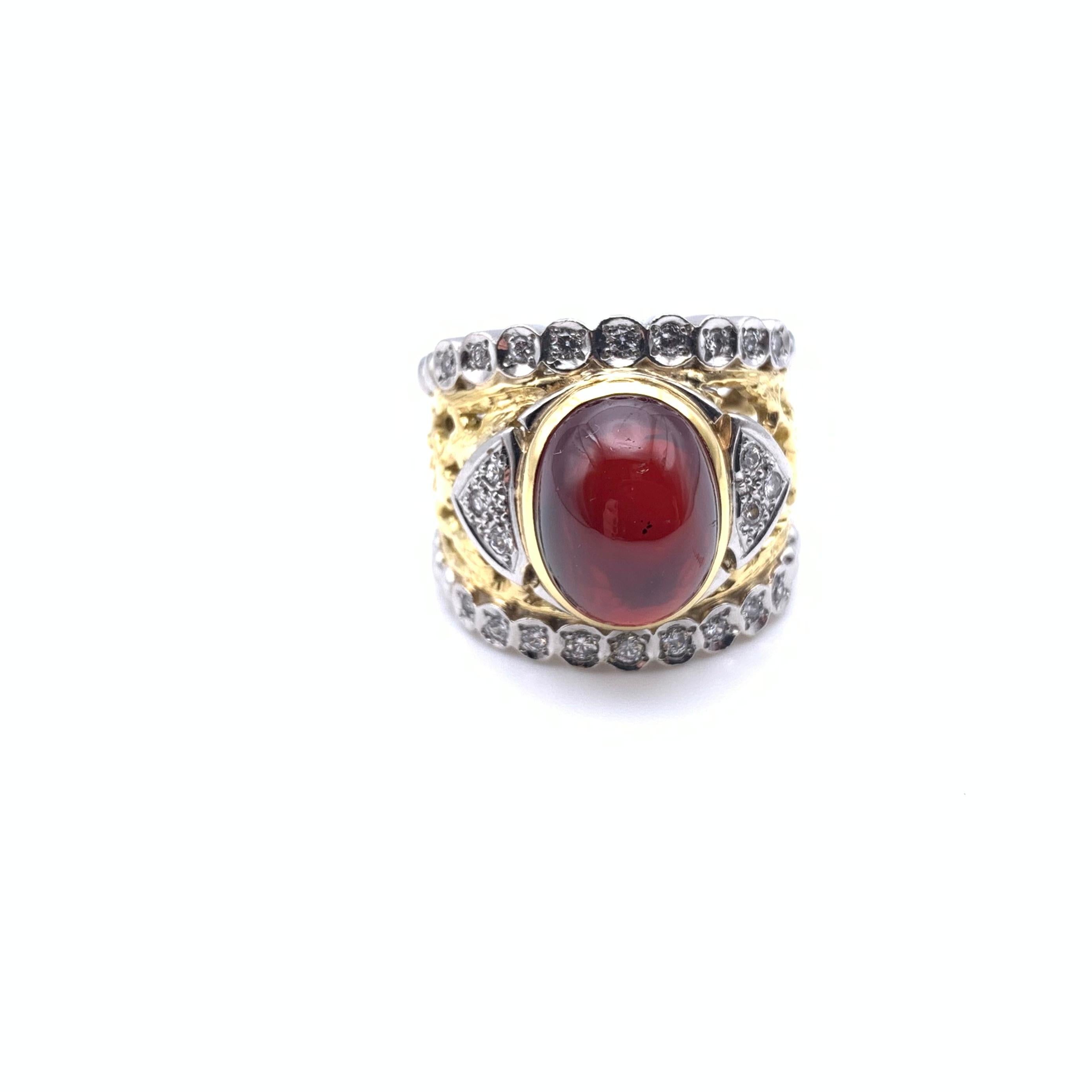 18KT and Platinum Cabochon Garnet and Diamond Lattice  Ring For Sale 6