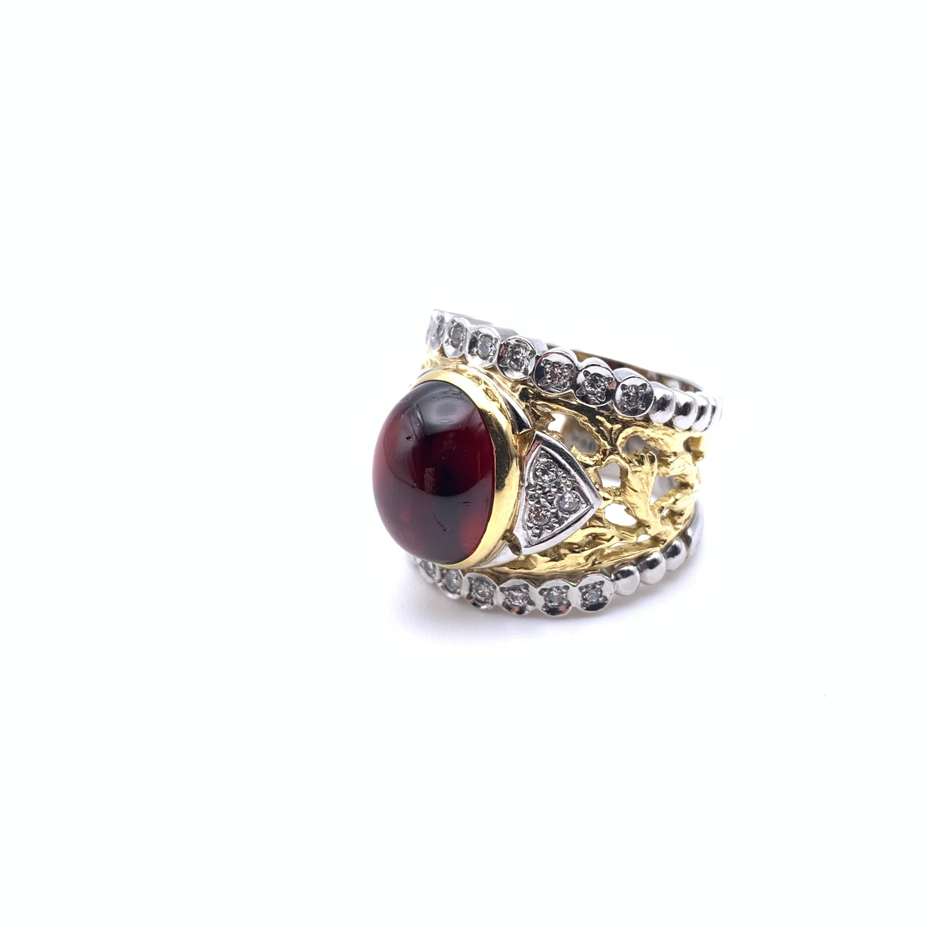 18KT and Platinum Cabochon Garnet and Diamond Lattice  Ring For Sale 7