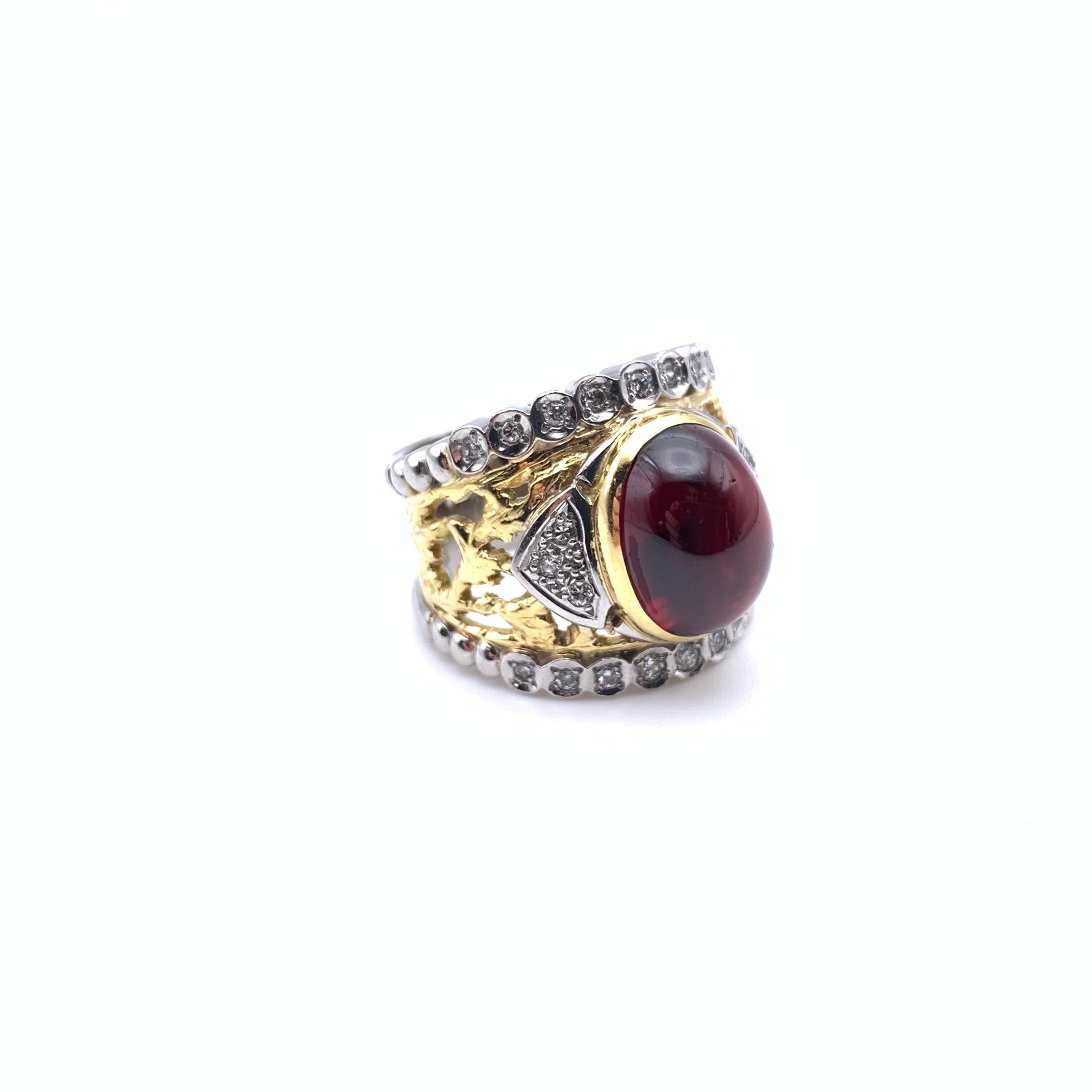18KT and Platinum Cabochon Garnet and Diamond Lattice  Ring For Sale 8
