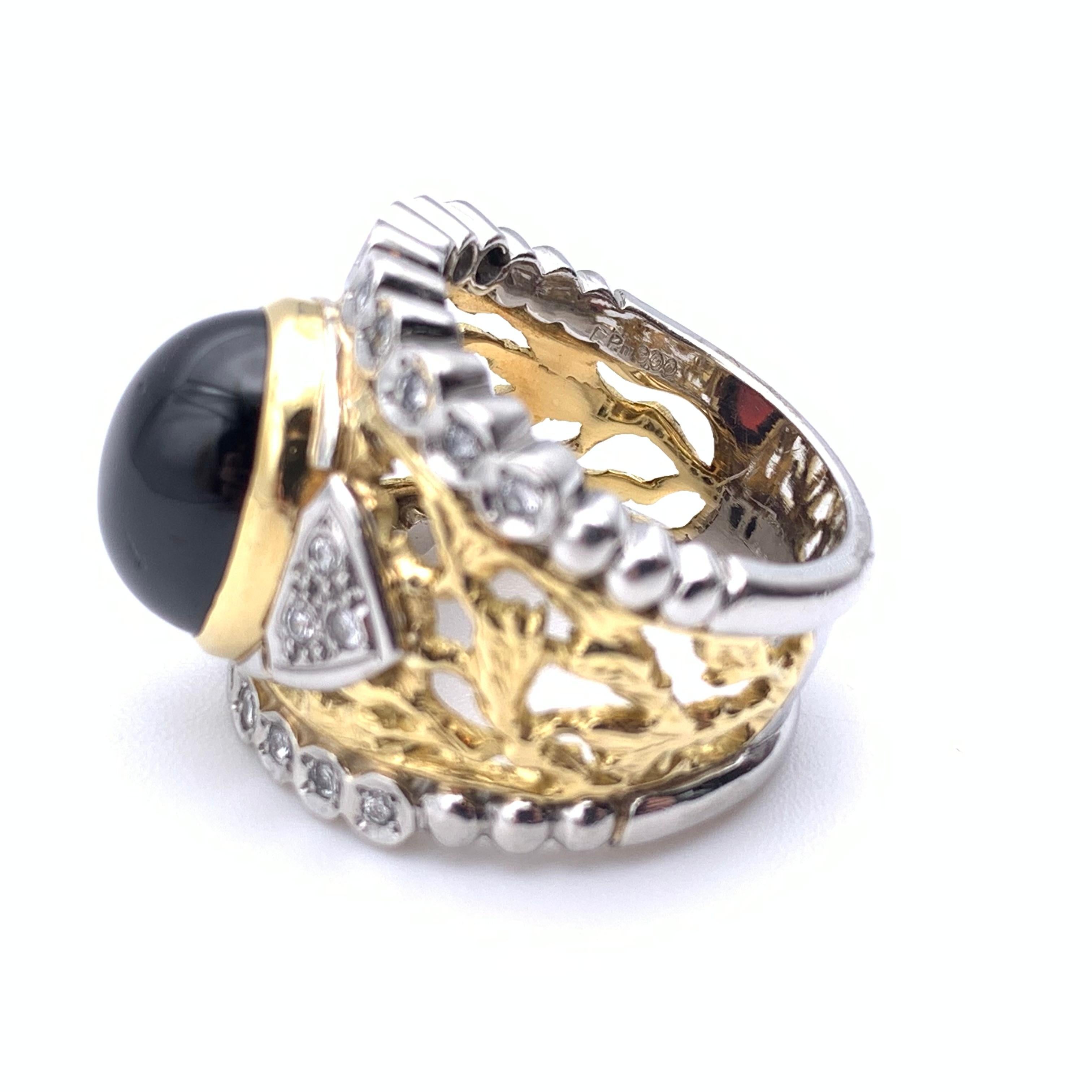 Neoclassical 18KT and Platinum Cabochon Garnet and Diamond Lattice  Ring For Sale