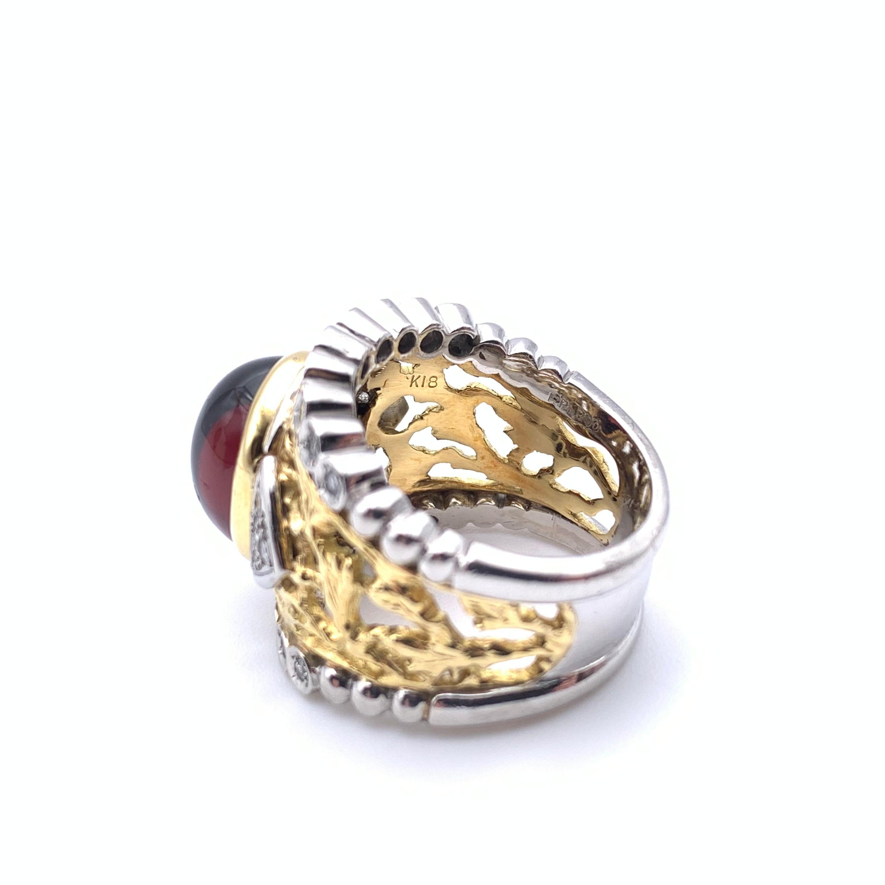 18KT and Platinum Cabochon Garnet and Diamond Lattice  Ring In Good Condition For Sale In Lynchburg, VA