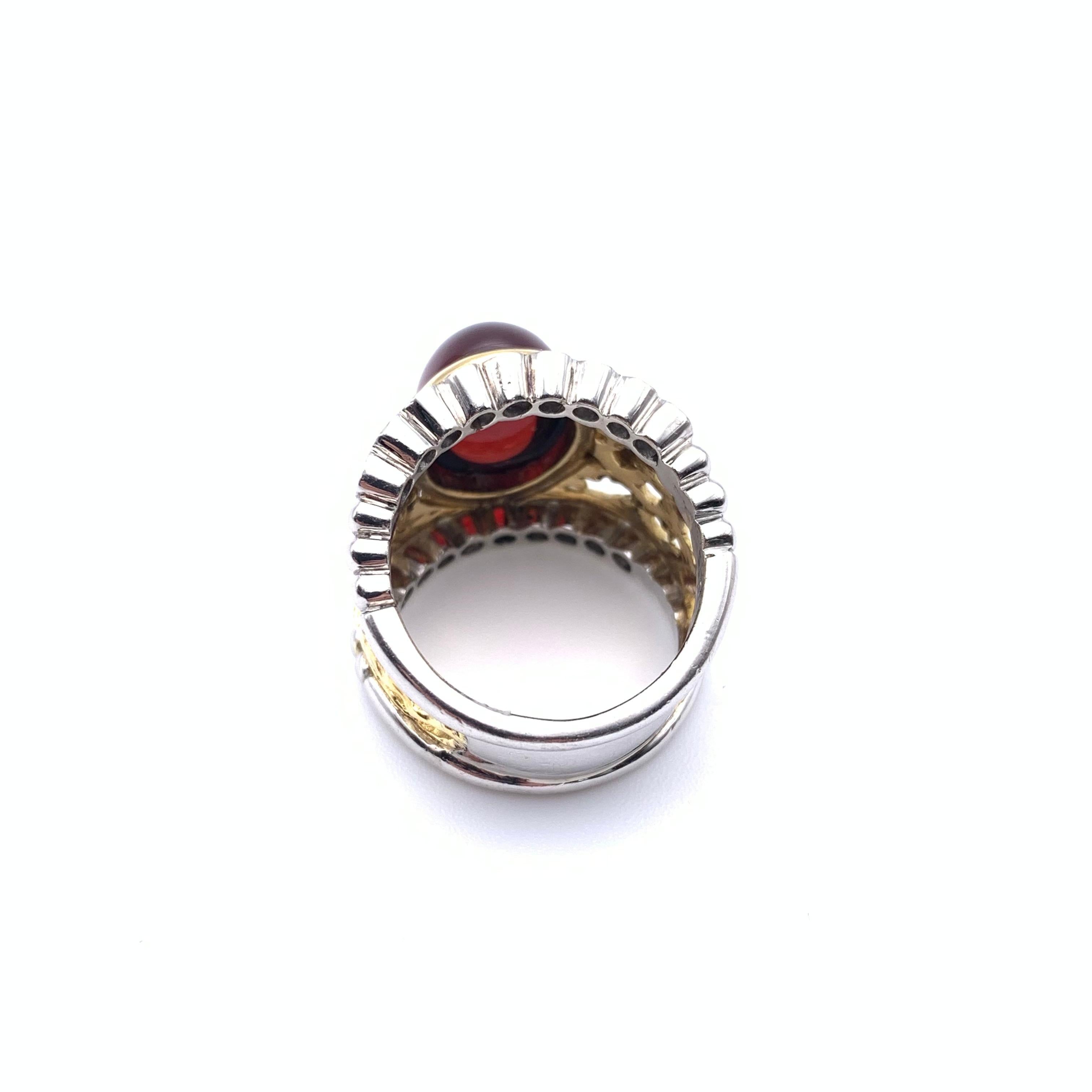 18KT and Platinum Cabochon Garnet and Diamond Lattice  Ring For Sale 1