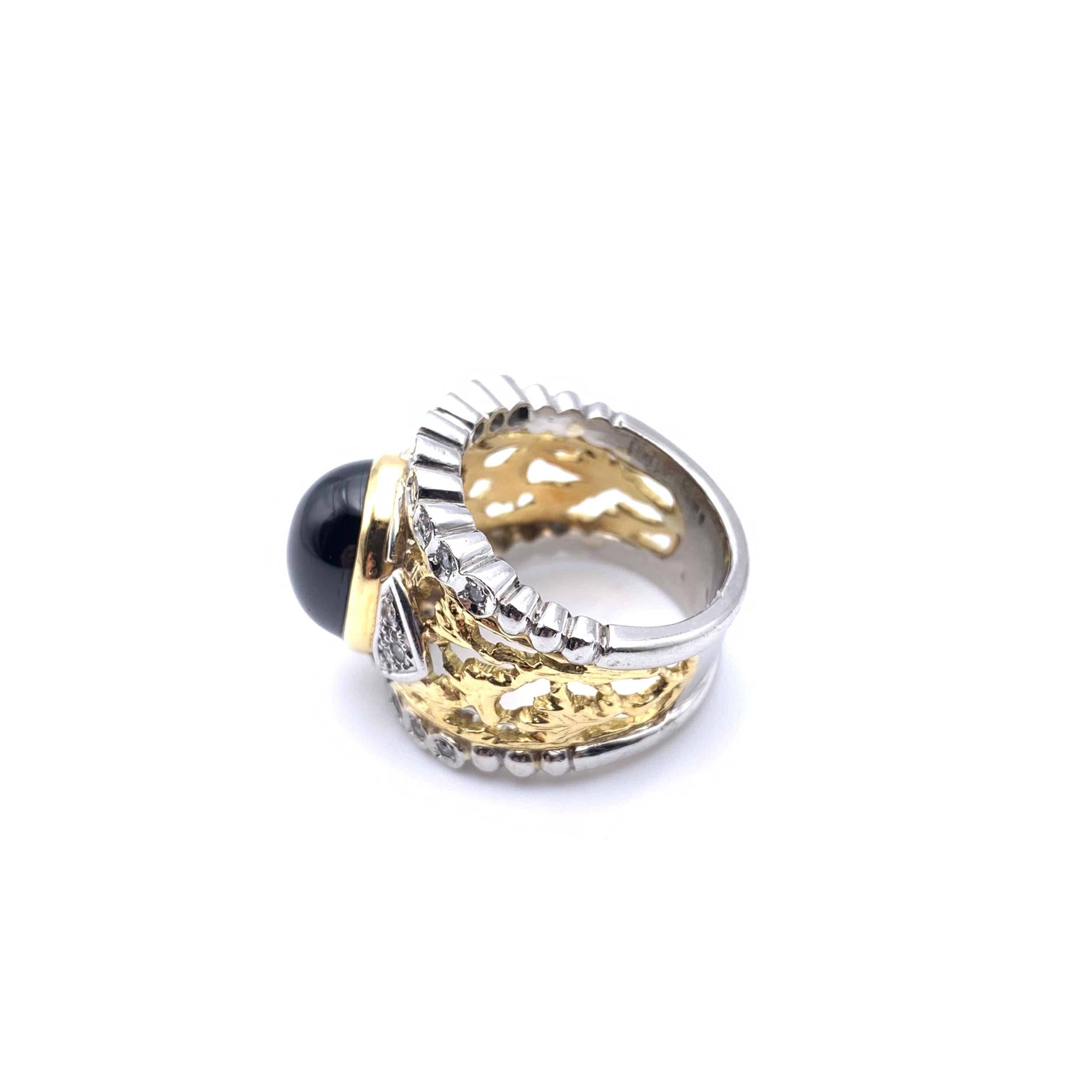 18KT and Platinum Cabochon Garnet and Diamond Lattice  Ring For Sale 2