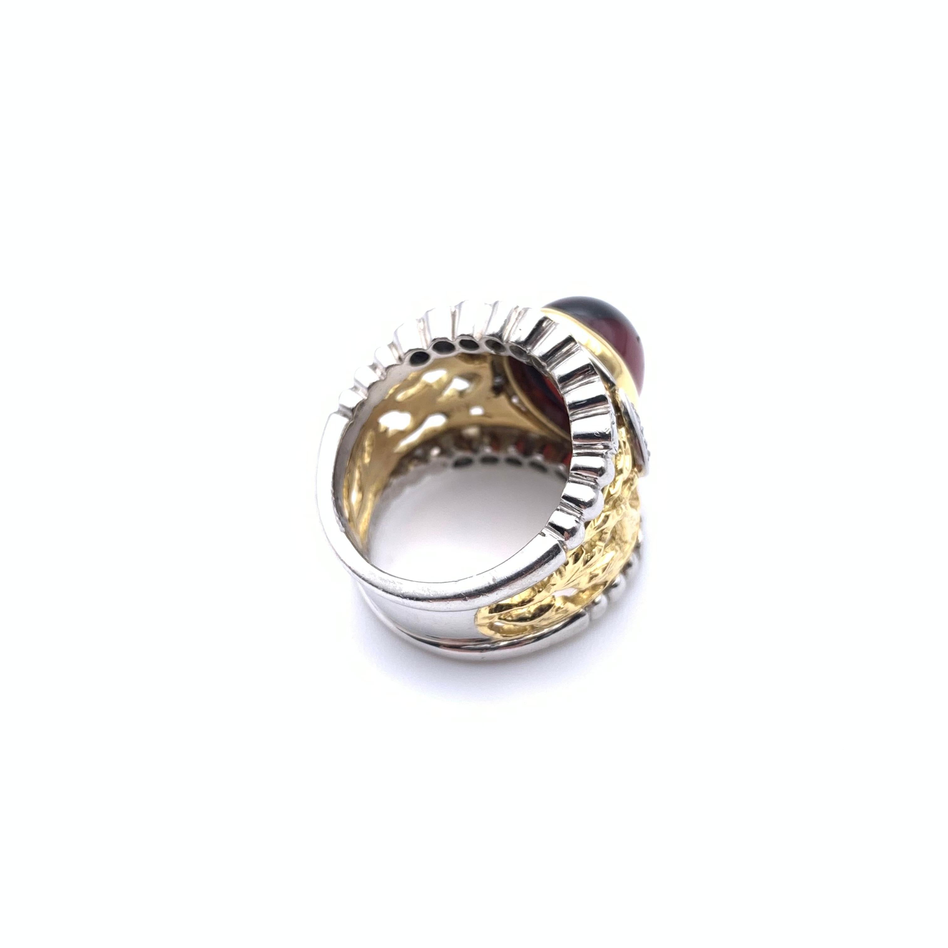 18KT and Platinum Cabochon Garnet and Diamond Lattice  Ring For Sale 3