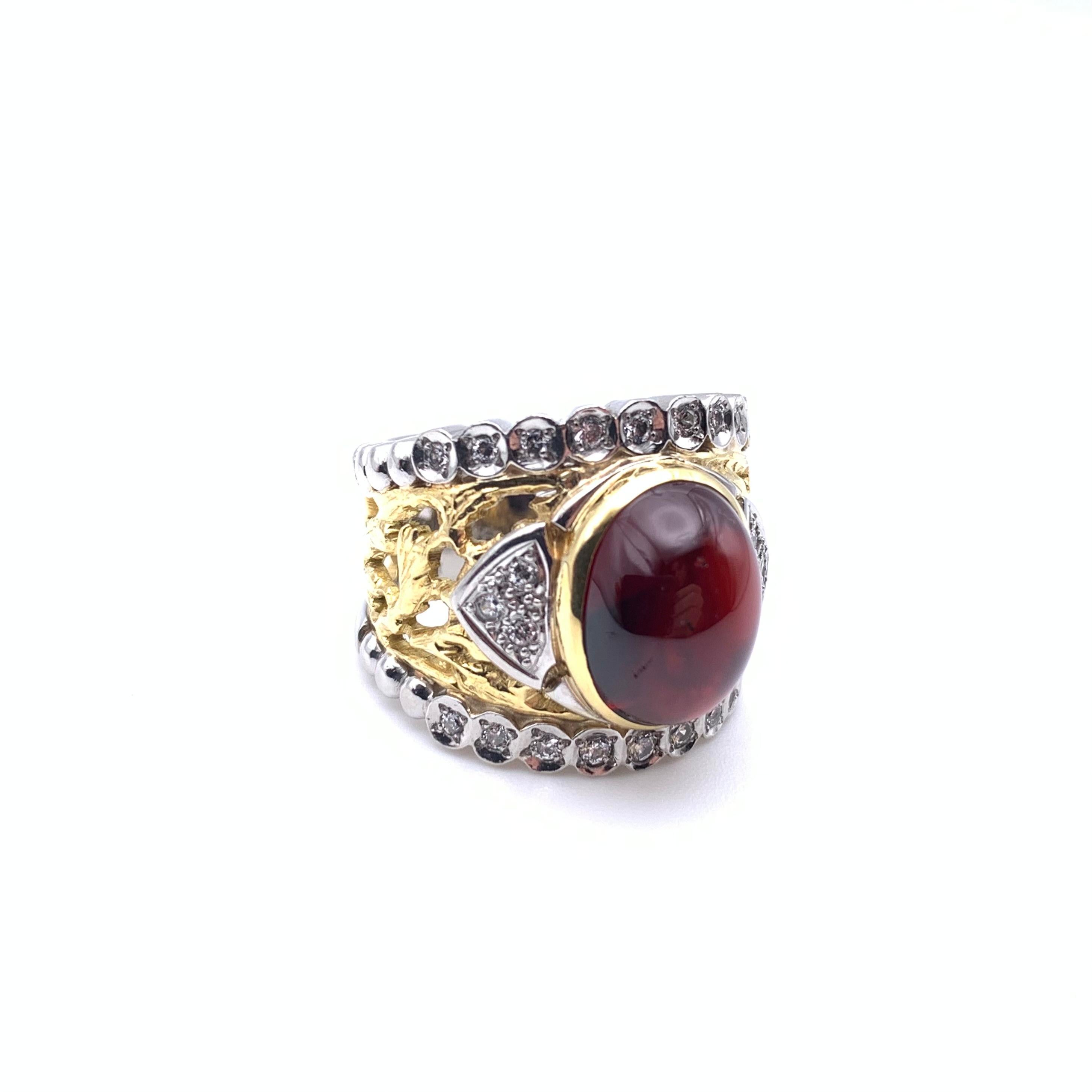 18KT and Platinum Cabochon Garnet and Diamond Lattice  Ring For Sale 4