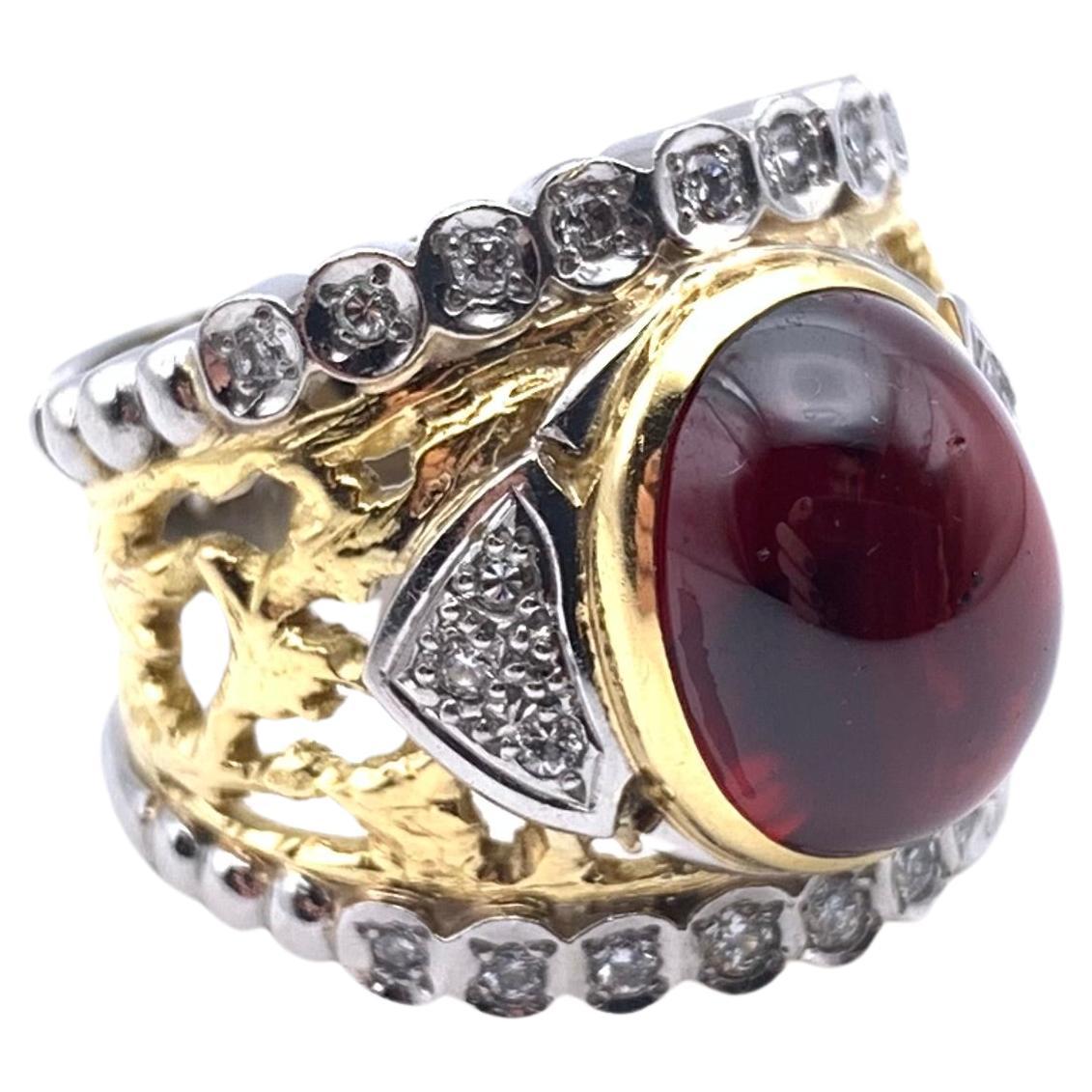 18KT and Platinum Cabochon Garnet and Diamond Lattice  Ring