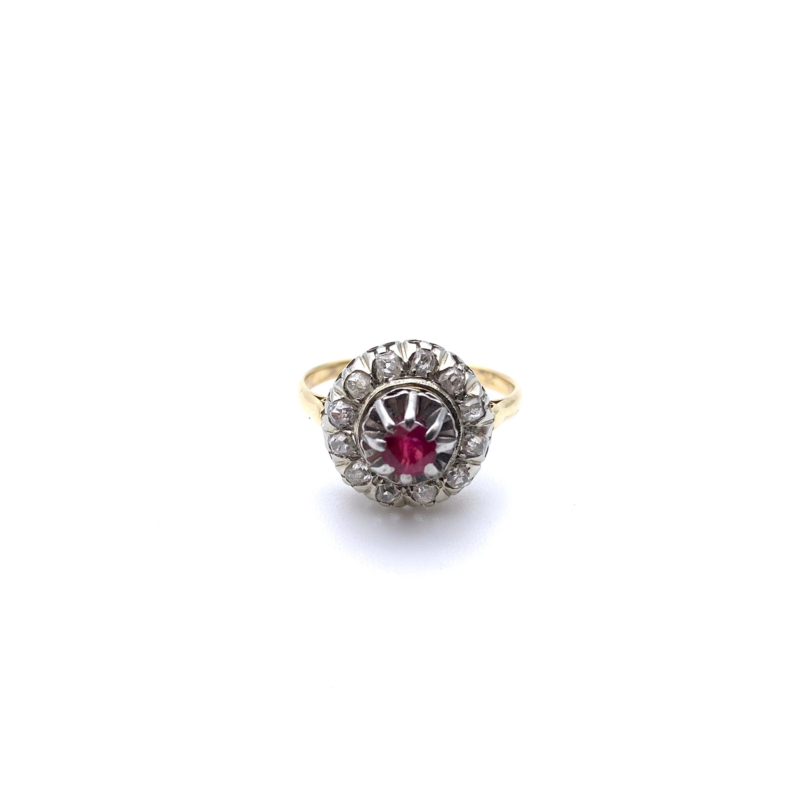 Round Cut 18KT and Platinum Edwardian Ruby and Diamond Ring For Sale