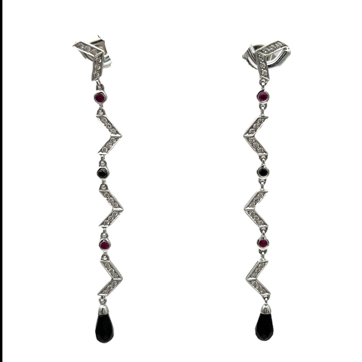 Briolette Cut 18kt Art Deco Diamond Ruby-Sapphire Earrings, 2-1/2