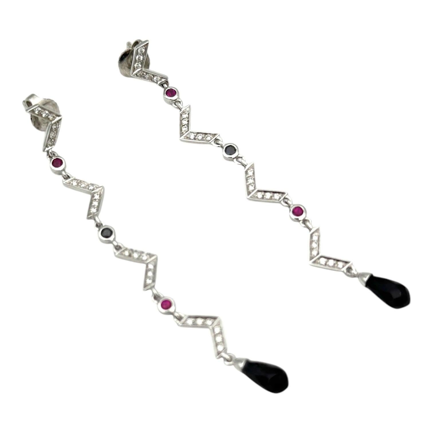 18kt Art Deco Diamond Ruby-Sapphire Earrings, 2-1/2