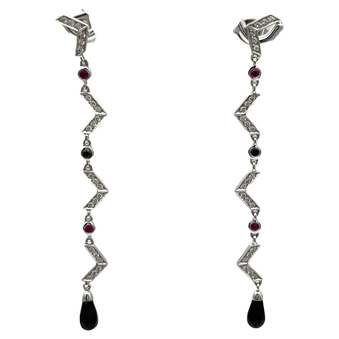 18kt Art Deco Diamond Ruby-Sapphire Earrings, 2-1/2" Length For Sale