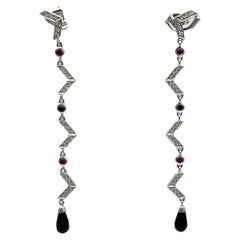 18kt Art Deco Diamond Ruby-Sapphire Earrings, 2-1/2" Length