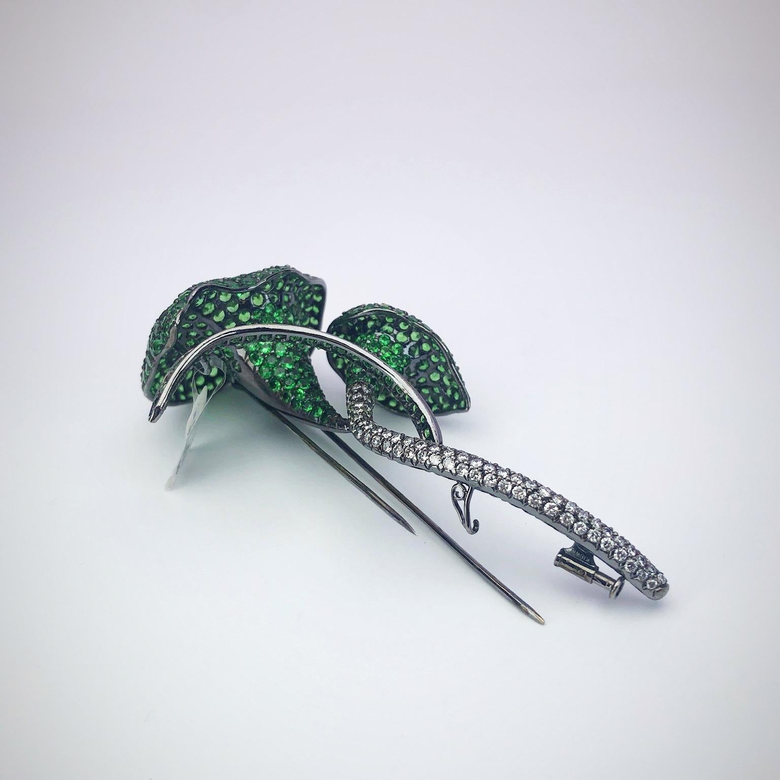 18 Karat Blackened Gold Calla Lily Brooch with Diamonds and Green ...