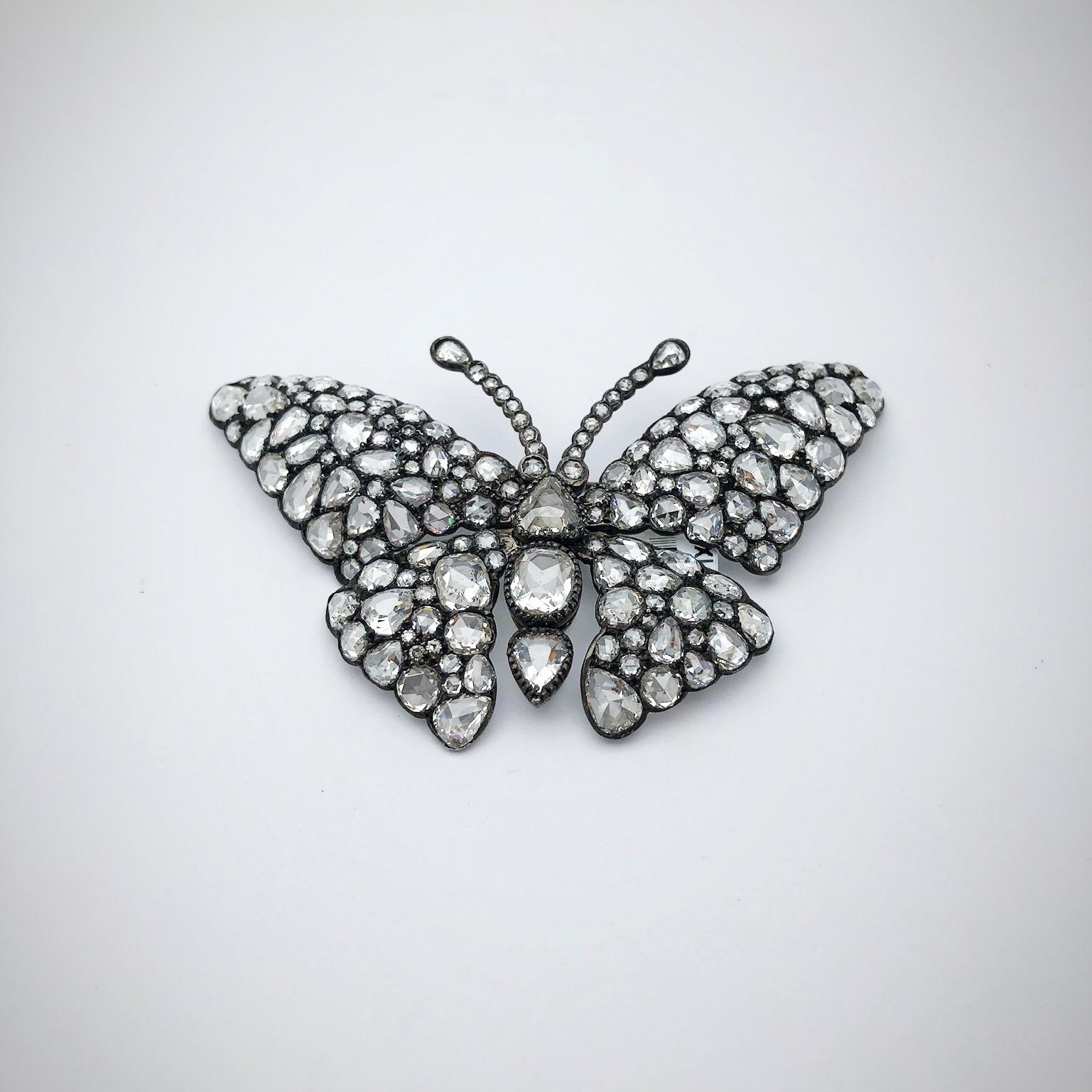 Women's or Men's 18KT Blackened White Gold Butterfly Brooch with 23.13 Carat Rose Cut Diamonds For Sale
