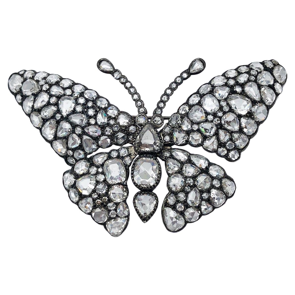 18KT Blackened White Gold Butterfly Brooch with 23.13 Carat Rose Cut Diamonds