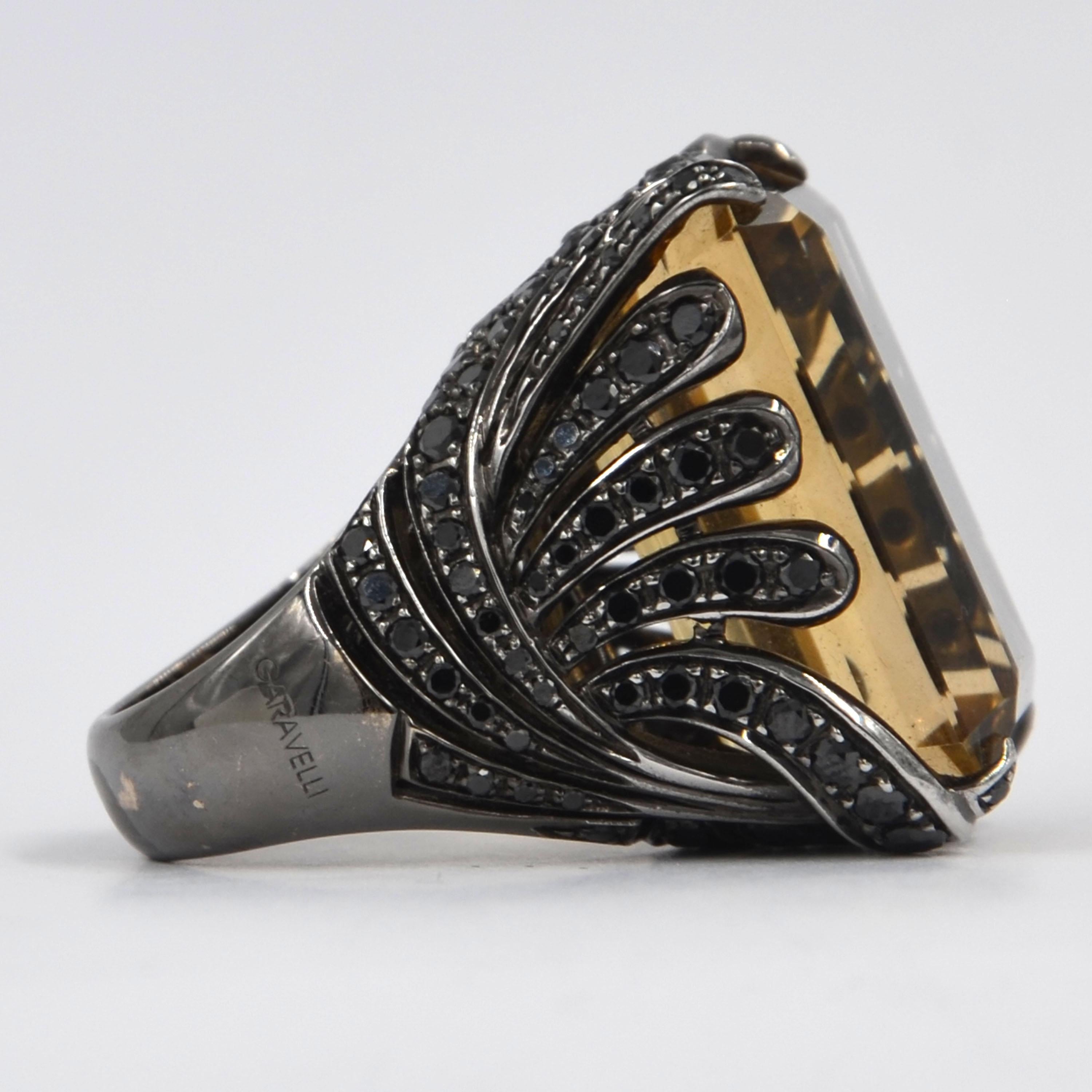 18 Karat Blk Weißgold Garavelli Ring, einzigartiger gelber Citrin - schwarze Diamanten (Moderne) im Angebot