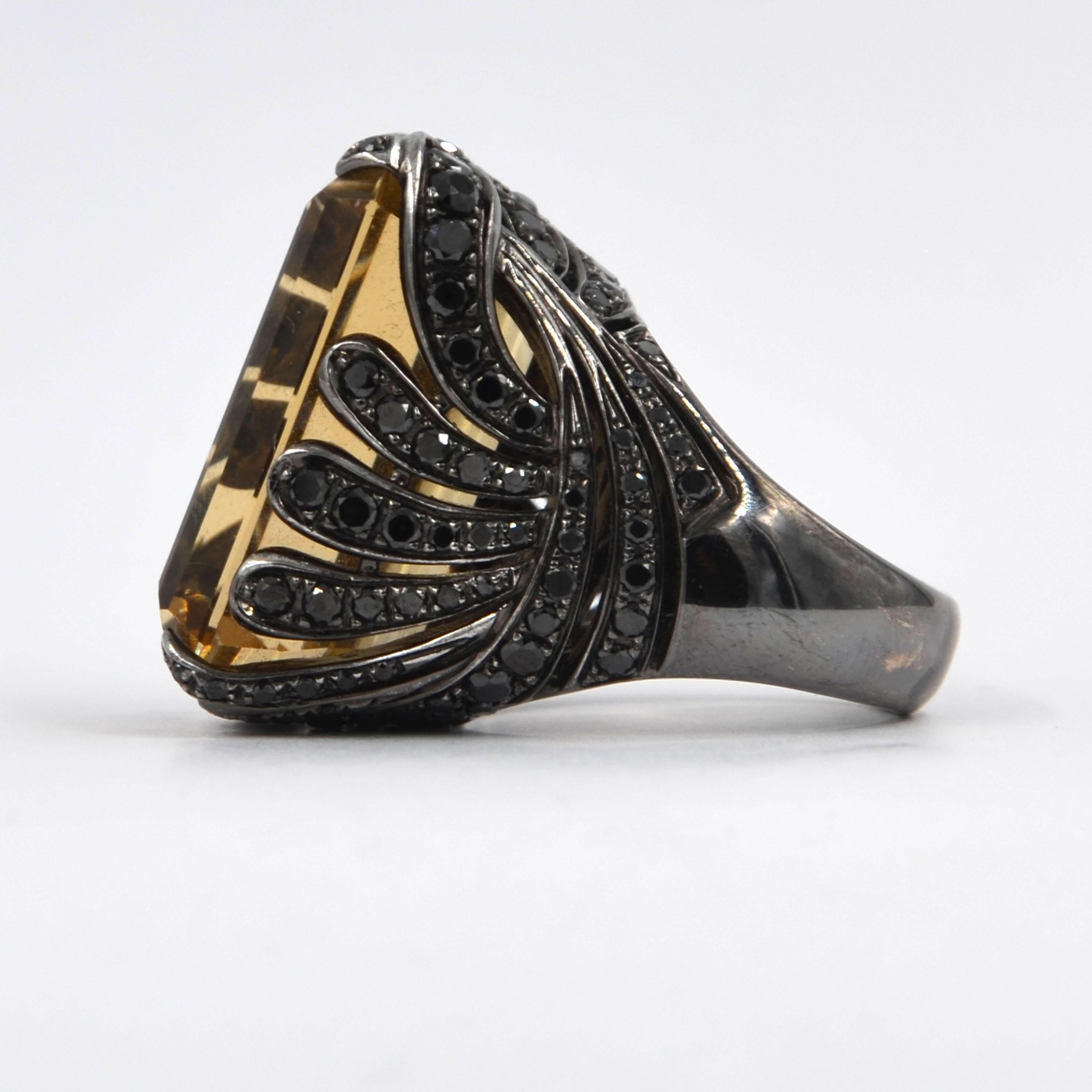 Modern 18Kt Blk White Gold One of a Kind Yellow Citrine - Black Diamonds Garavelli Ring For Sale