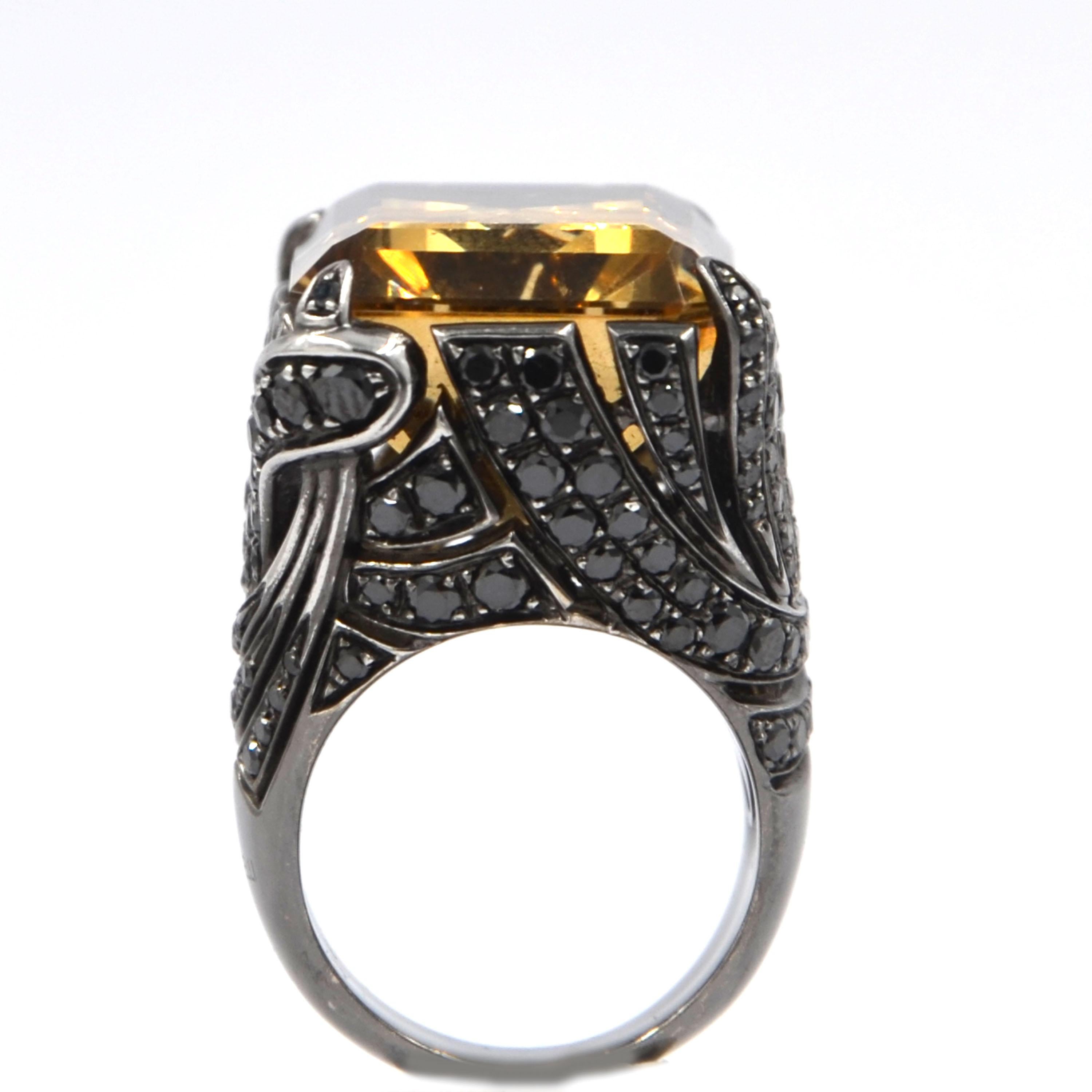 Round Cut 18Kt Blk White Gold One of a Kind Yellow Citrine - Black Diamonds Garavelli Ring For Sale