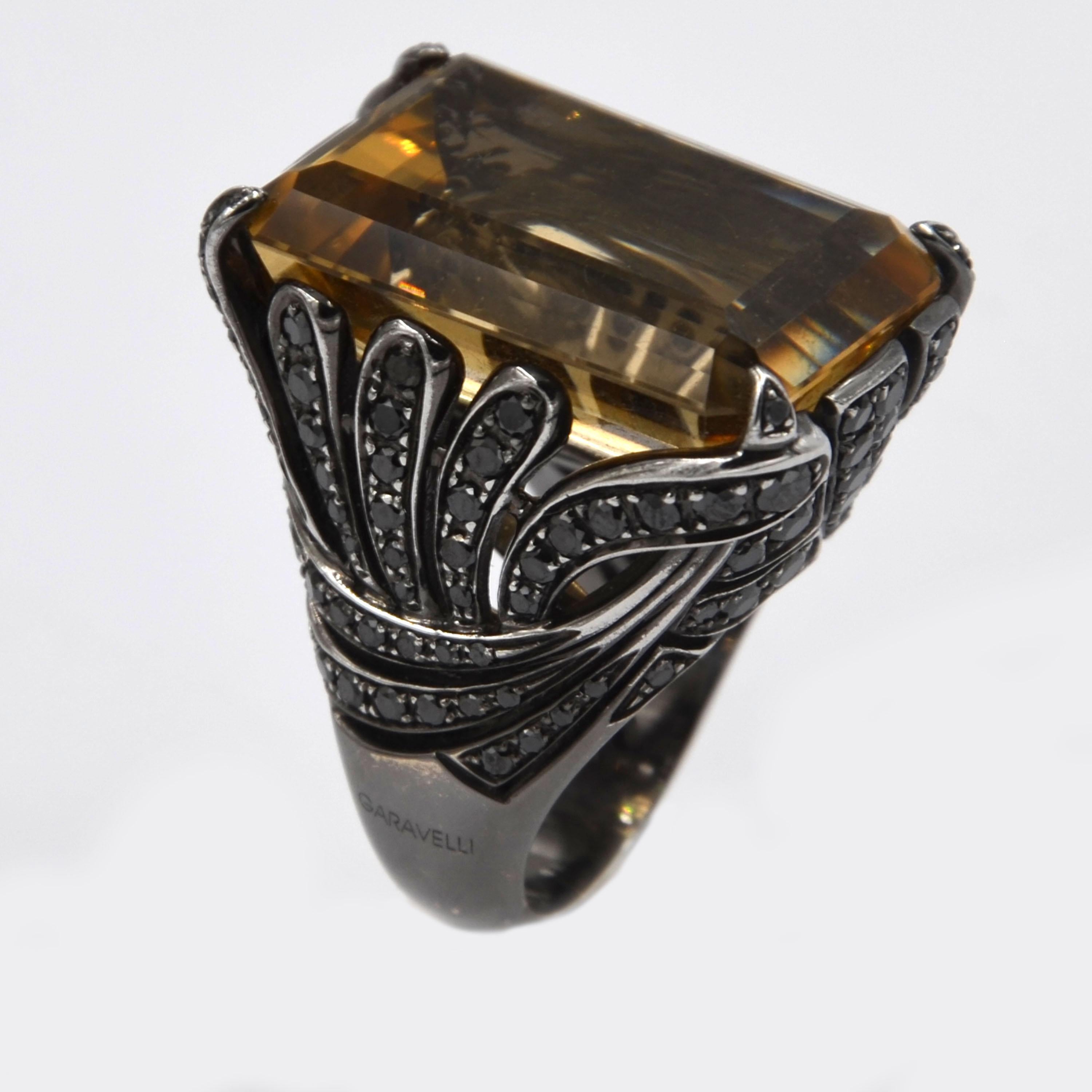 Women's 18Kt Blk White Gold One of a Kind Yellow Citrine - Black Diamonds Garavelli Ring For Sale