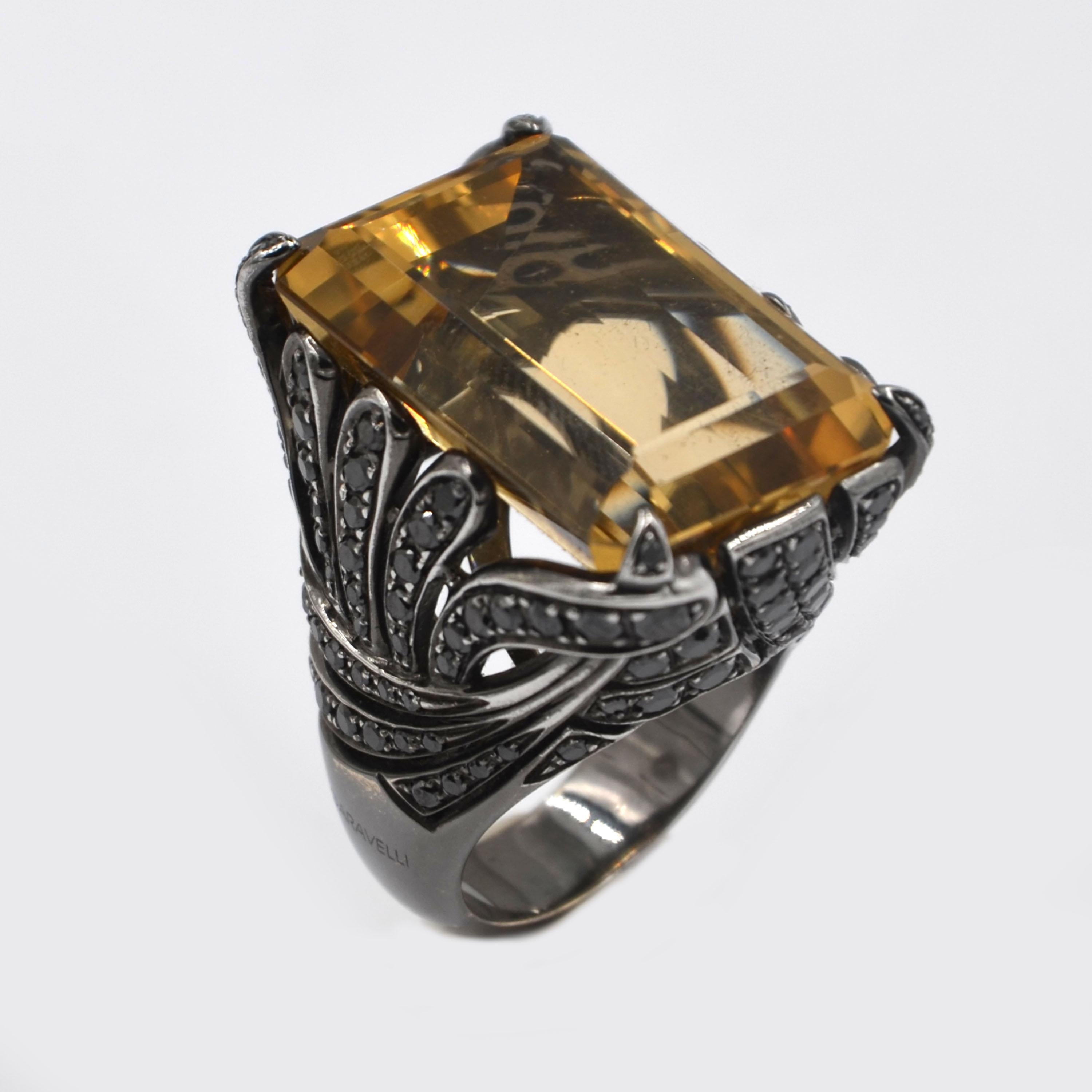 18Kt Blk White Gold One of a Kind Yellow Citrine - Black Diamonds Garavelli Ring For Sale 1