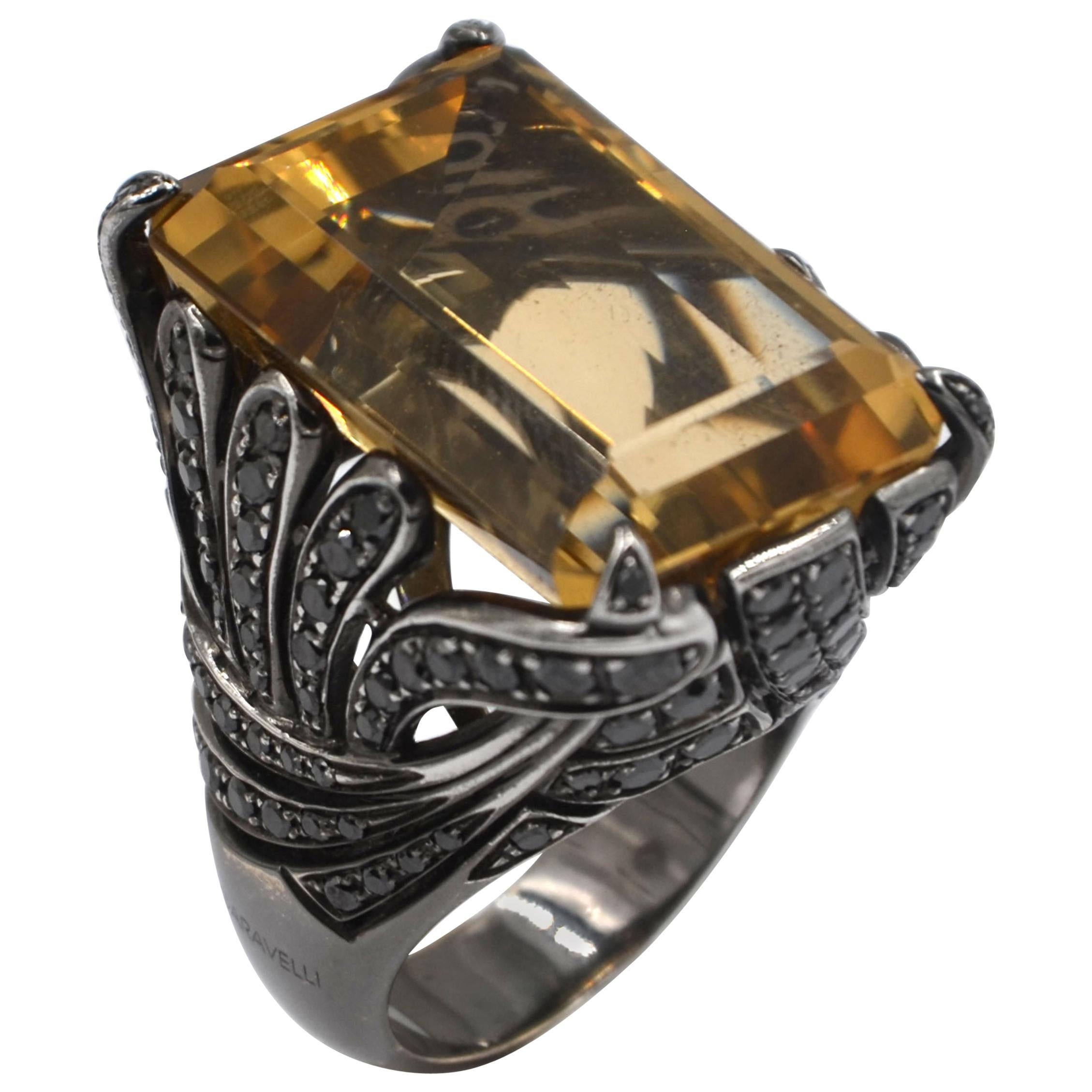 18Kt Blk White Gold One of a Kind Yellow Citrine - Black Diamonds Garavelli Ring