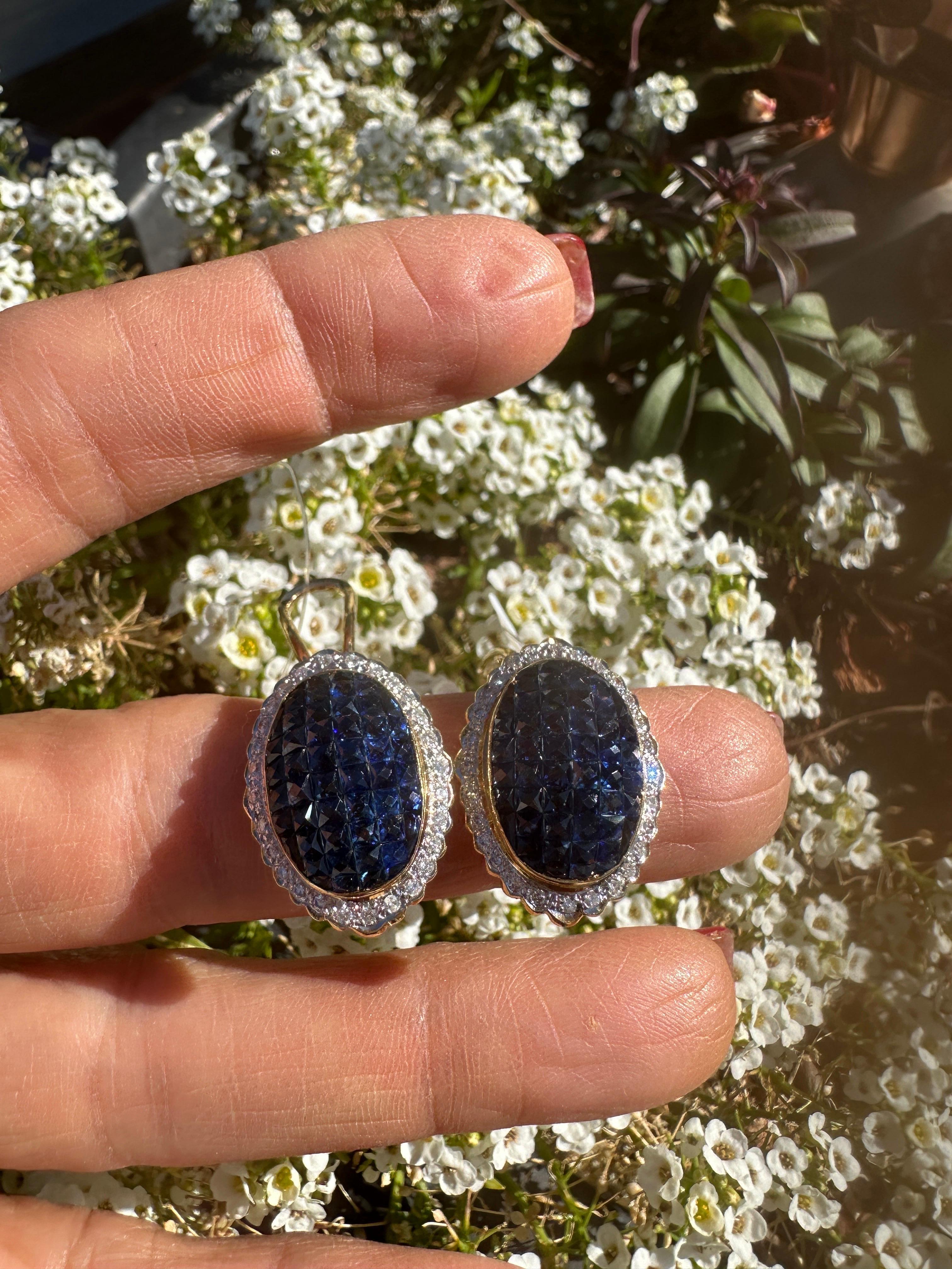 18KT Blue Sapphire and Diamond Invisible Set Earrings Clip or Posts In Excellent Condition For Sale In Laguna Hills, CA