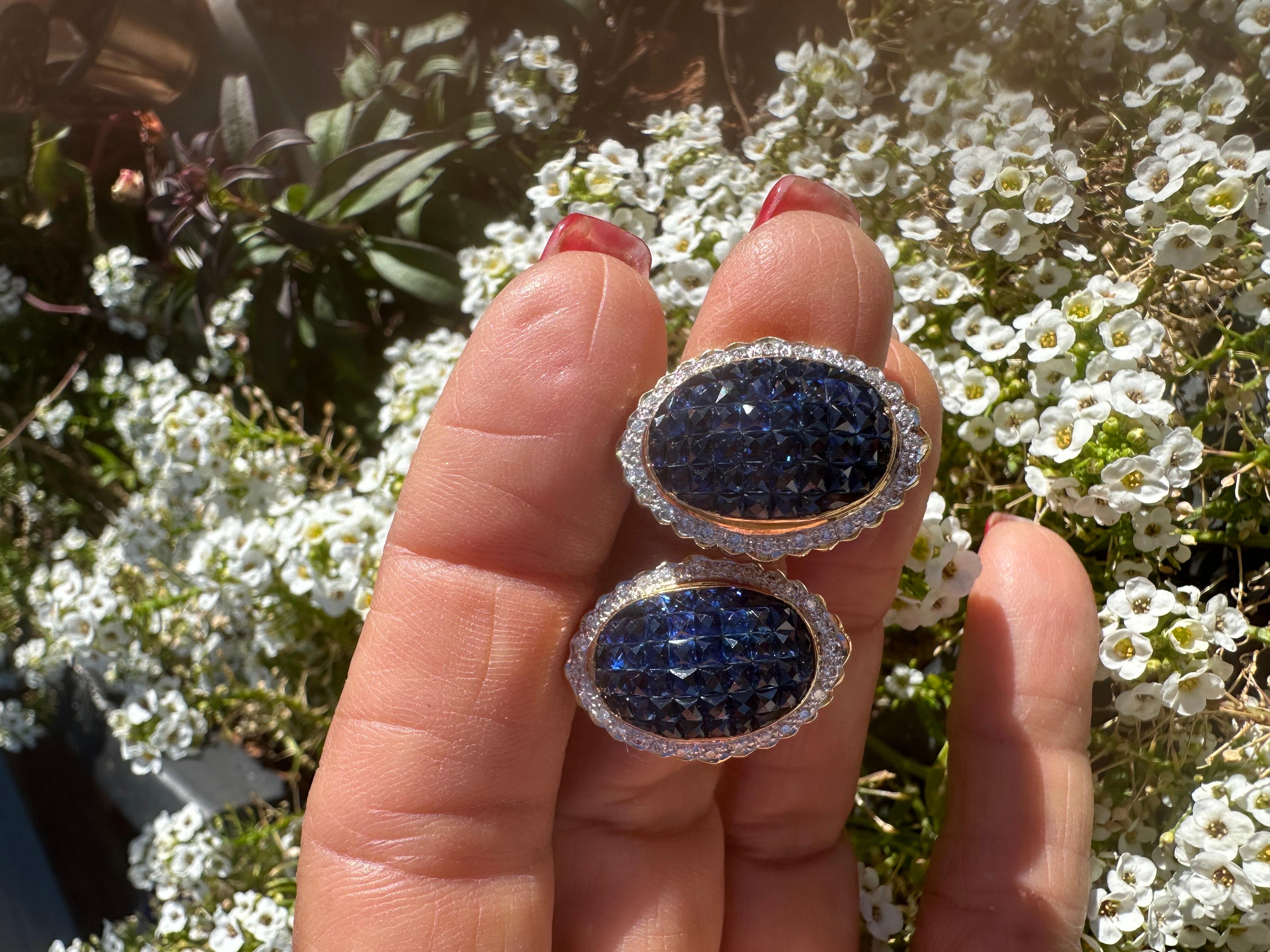 Women's or Men's 18KT Blue Sapphire and Diamond Invisible Set Earrings Clip or Posts For Sale