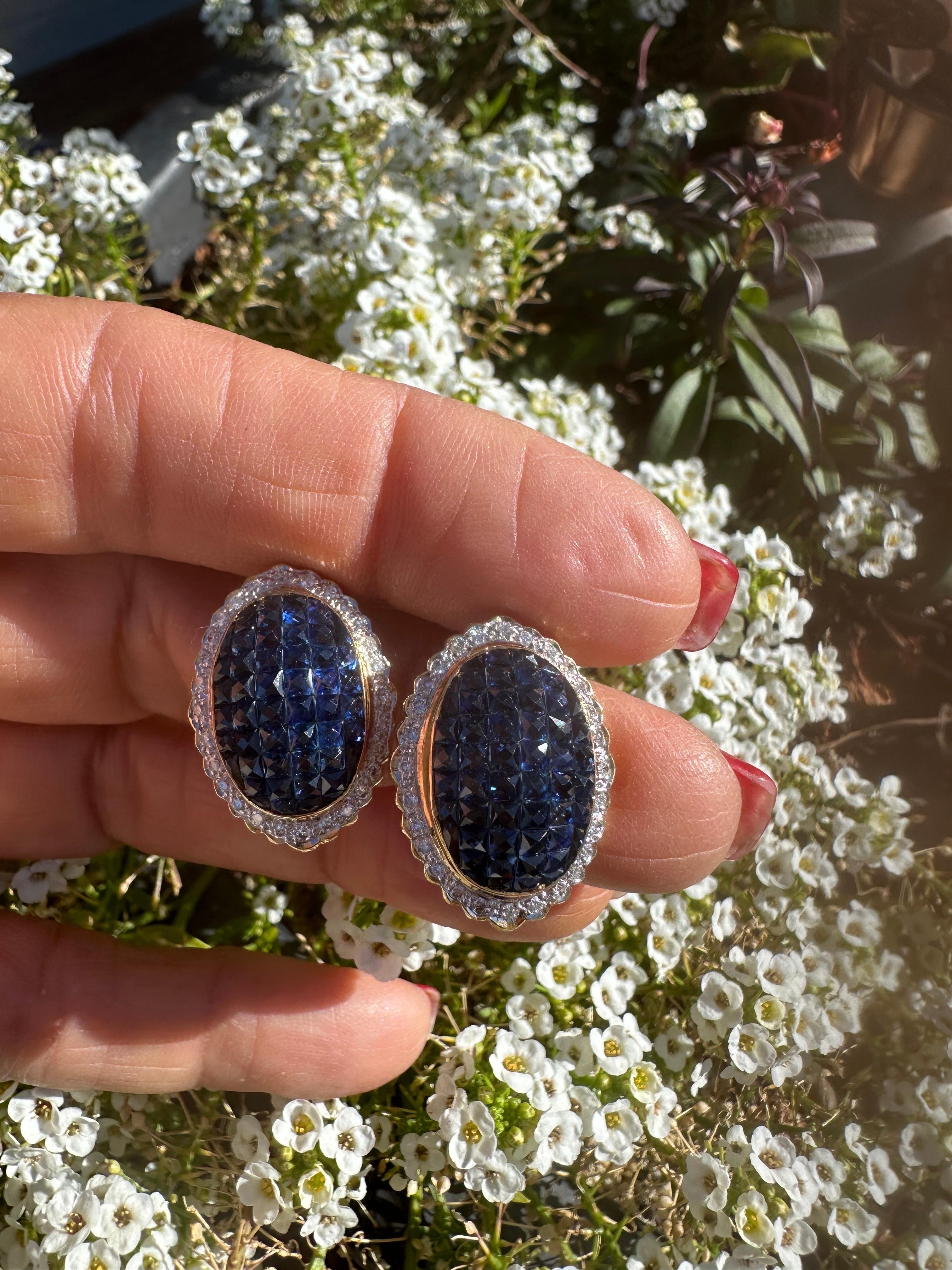 Women's or Men's 18KT Blue Sapphire and Diamond Invisible Set Earrings Clip or Posts For Sale