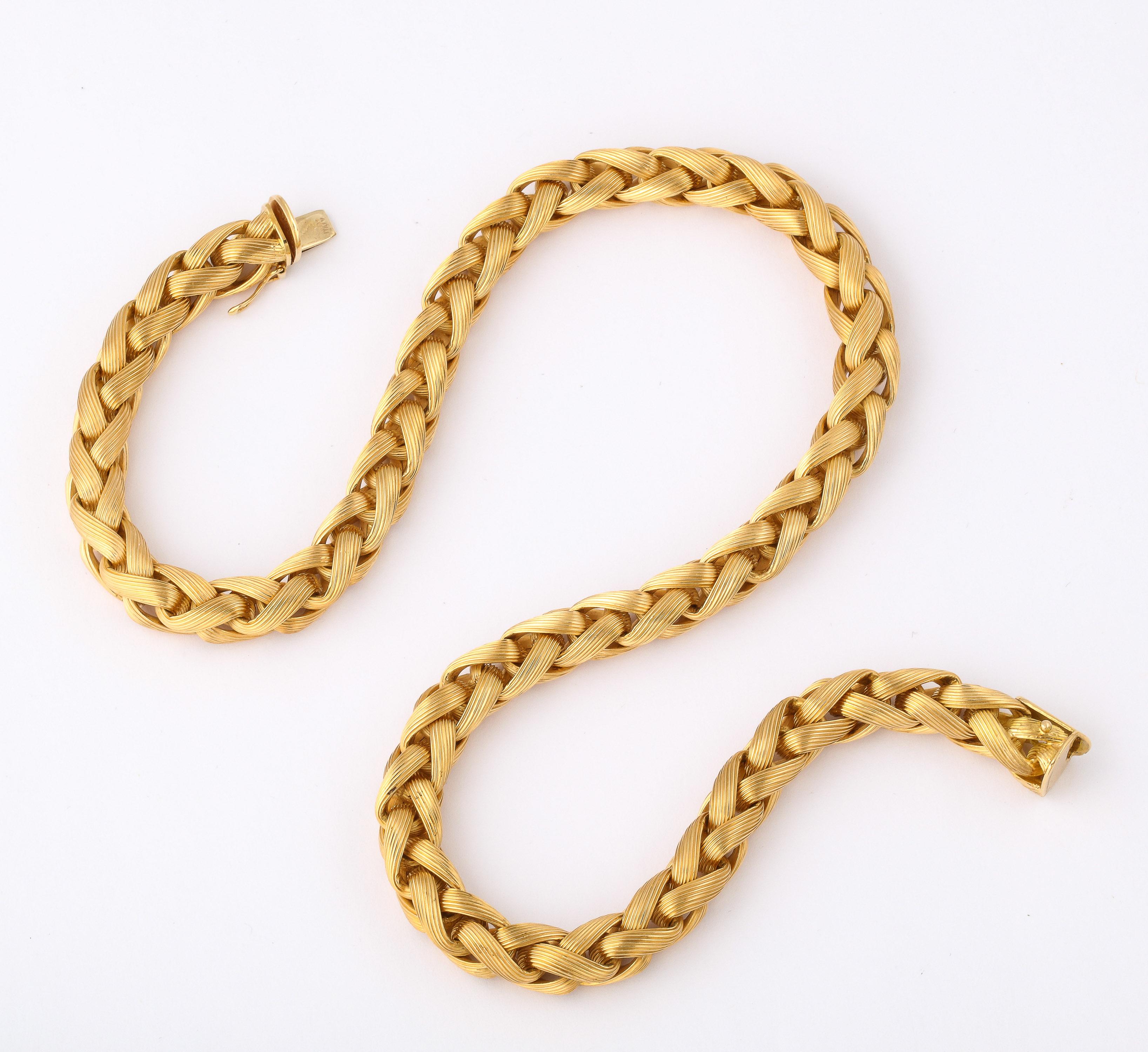 Modern 18 Karat Braided Link Necklace W Striated Links For Sale