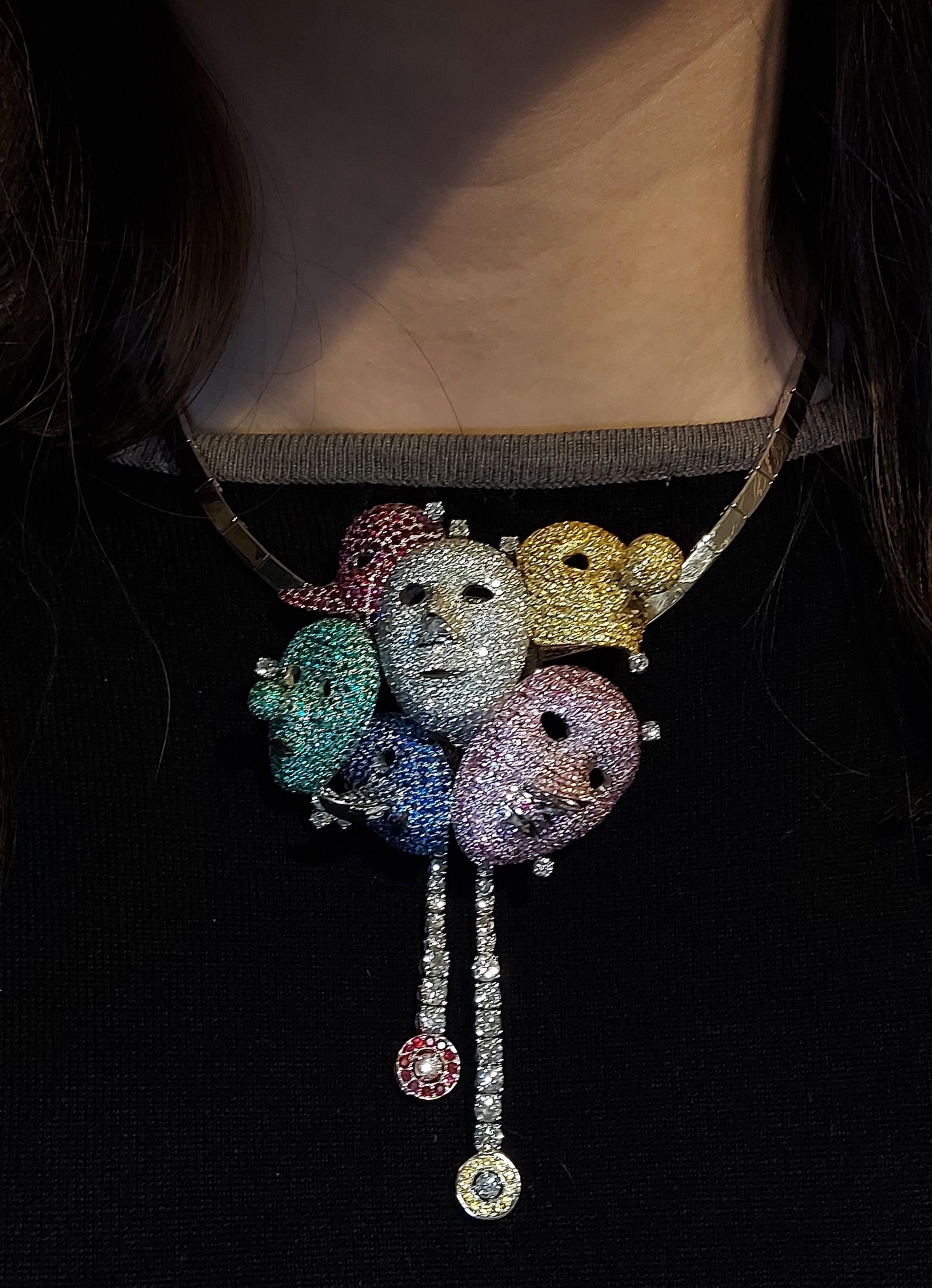18kt Colorful Unique Face Mask Necklace Inspired by Artist Painter James Ansor For Sale 2