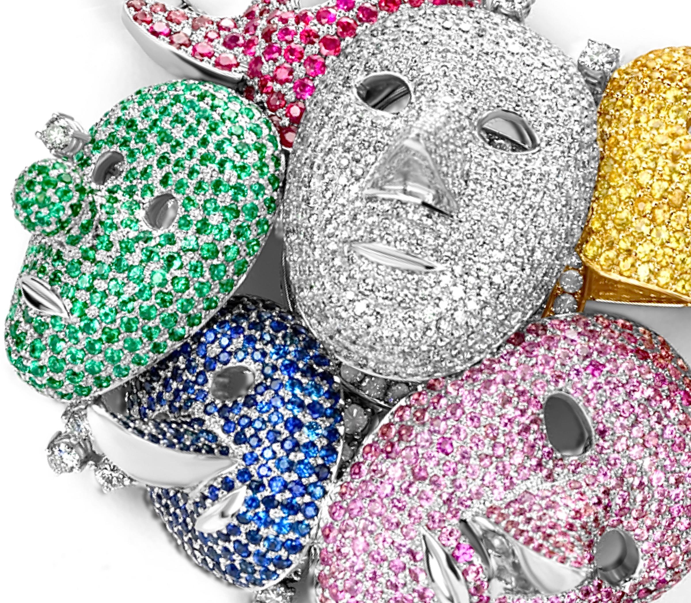 Taglio brillante Collana 18kt con maschera facciale unica e colorata ispirata all'artista pittore James Ansor in vendita