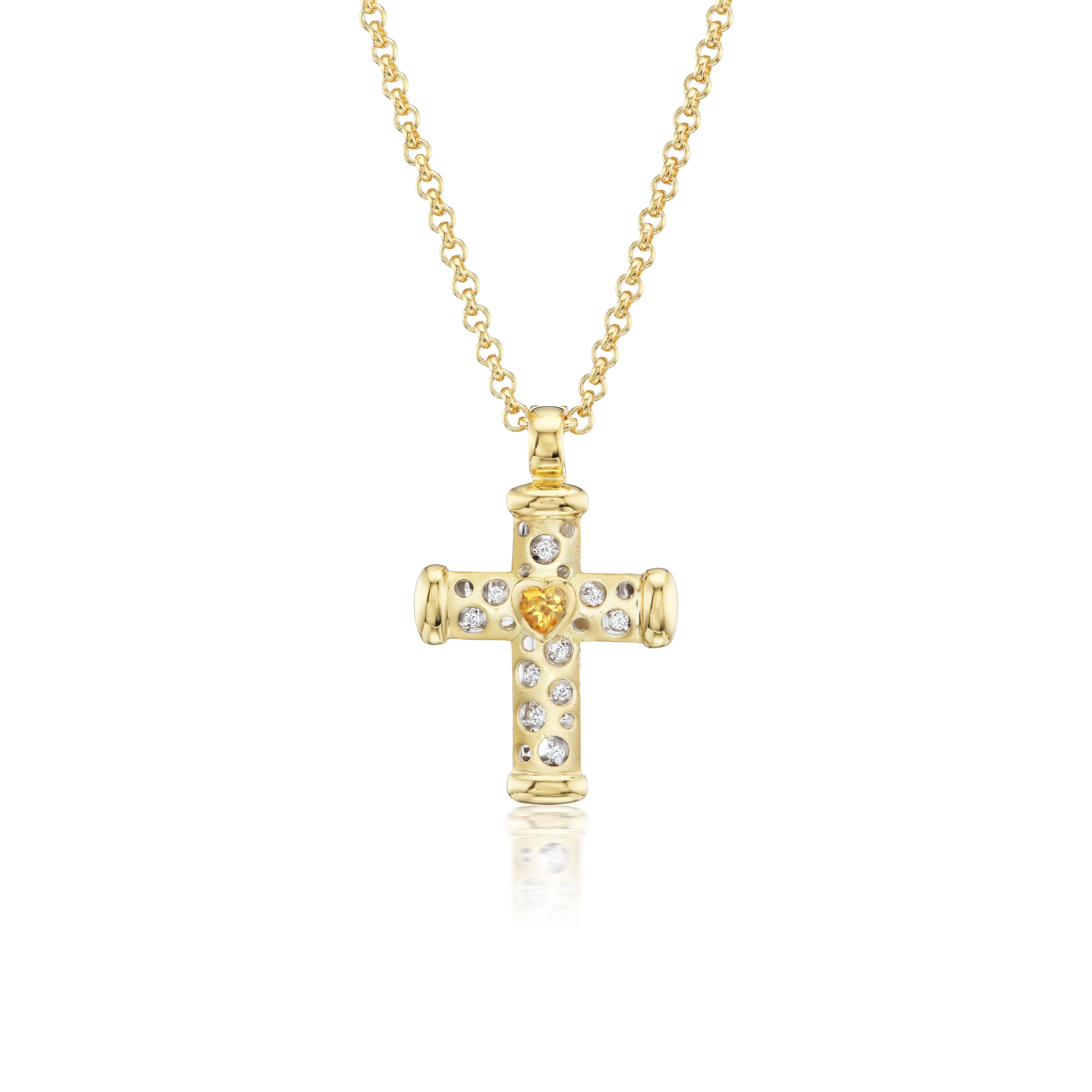 Contemporary 18kt. Cross on a chain with color heart shaped stone & approx. 0.10ct diamonds For Sale