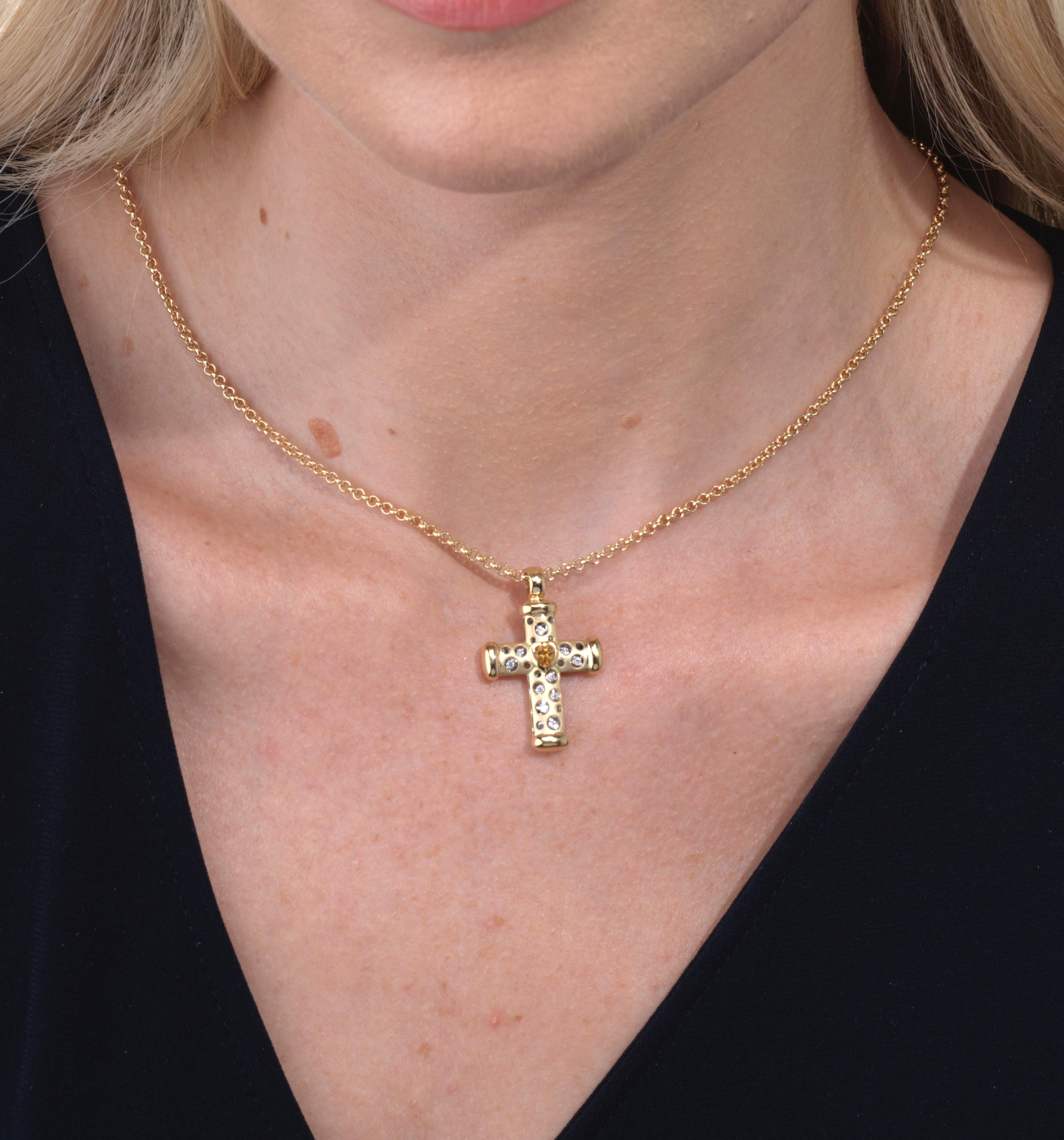 Brilliant Cut 18kt. Cross on a chain with color heart shaped stone & approx. 0.10ct diamonds For Sale