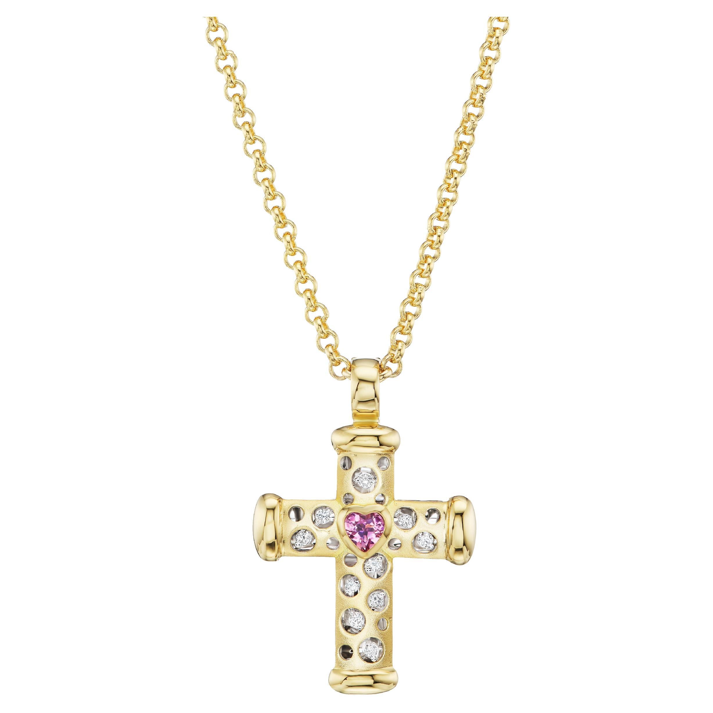 18kt. Cross on a chain with color heart shaped stone & approx. 0.10ct diamonds For Sale