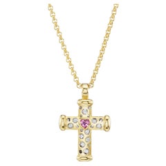 18kt. Cross on a chain with color heart shaped stone & approx. 0.10ct diamonds