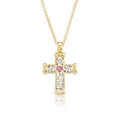 18kt. Cross on a chain with color heart shaped stone & approx. 0.32ct diamonds