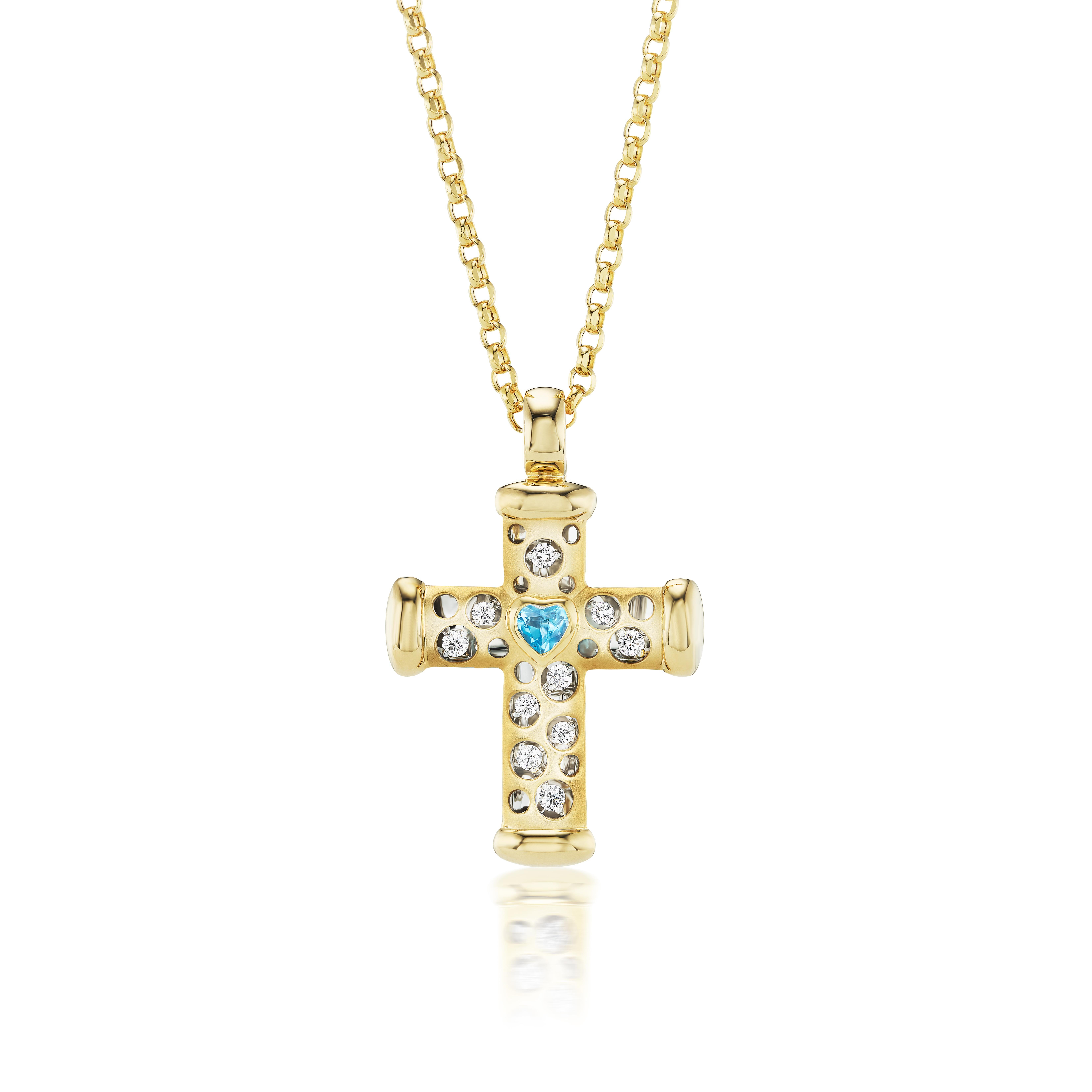 Contemporary 18kt. Cross on a chain with color heart shaped stone & approx. 0.32ct diamonds For Sale