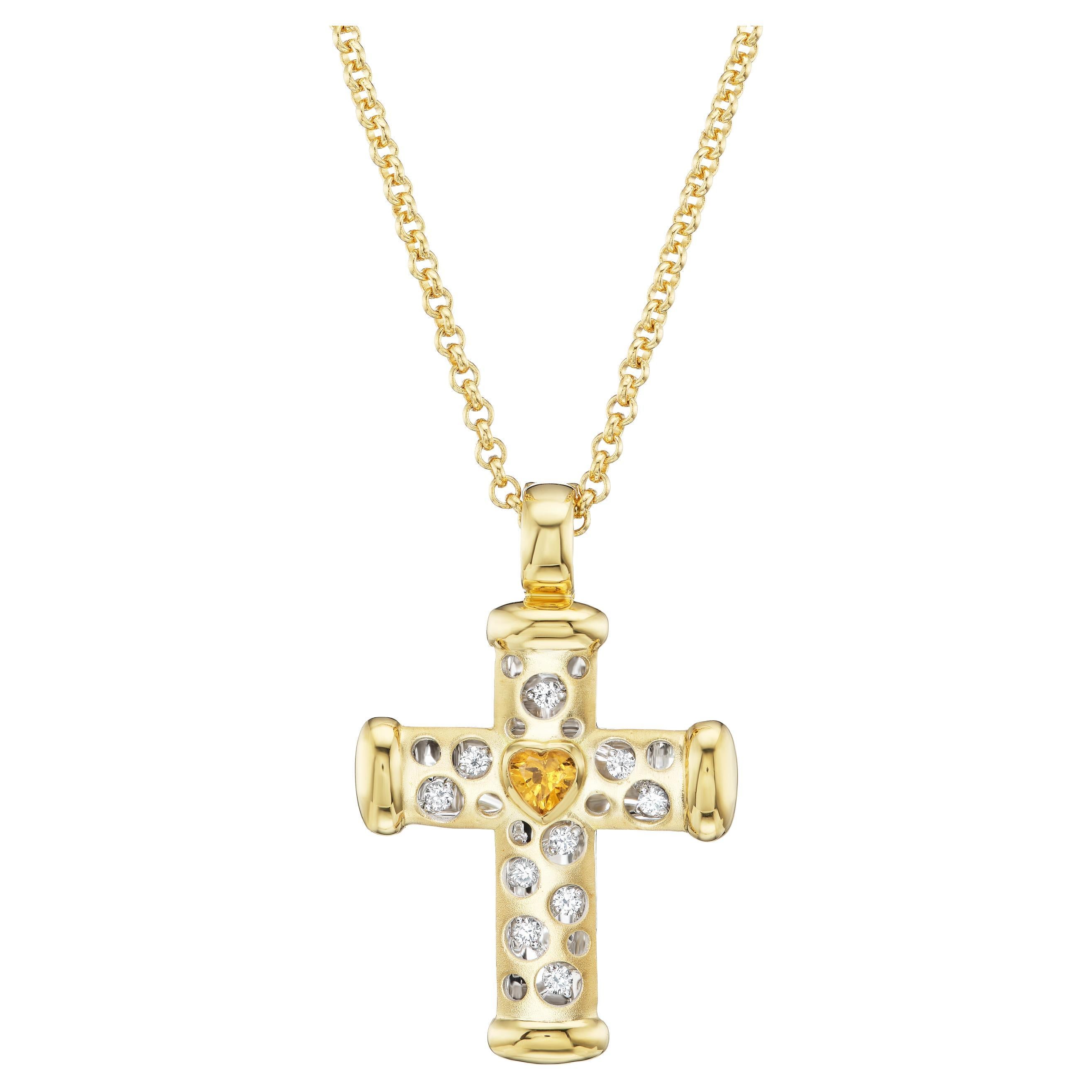18kt. Cross on a chain with color heart shaped stone & approx. 0.32ct diamonds