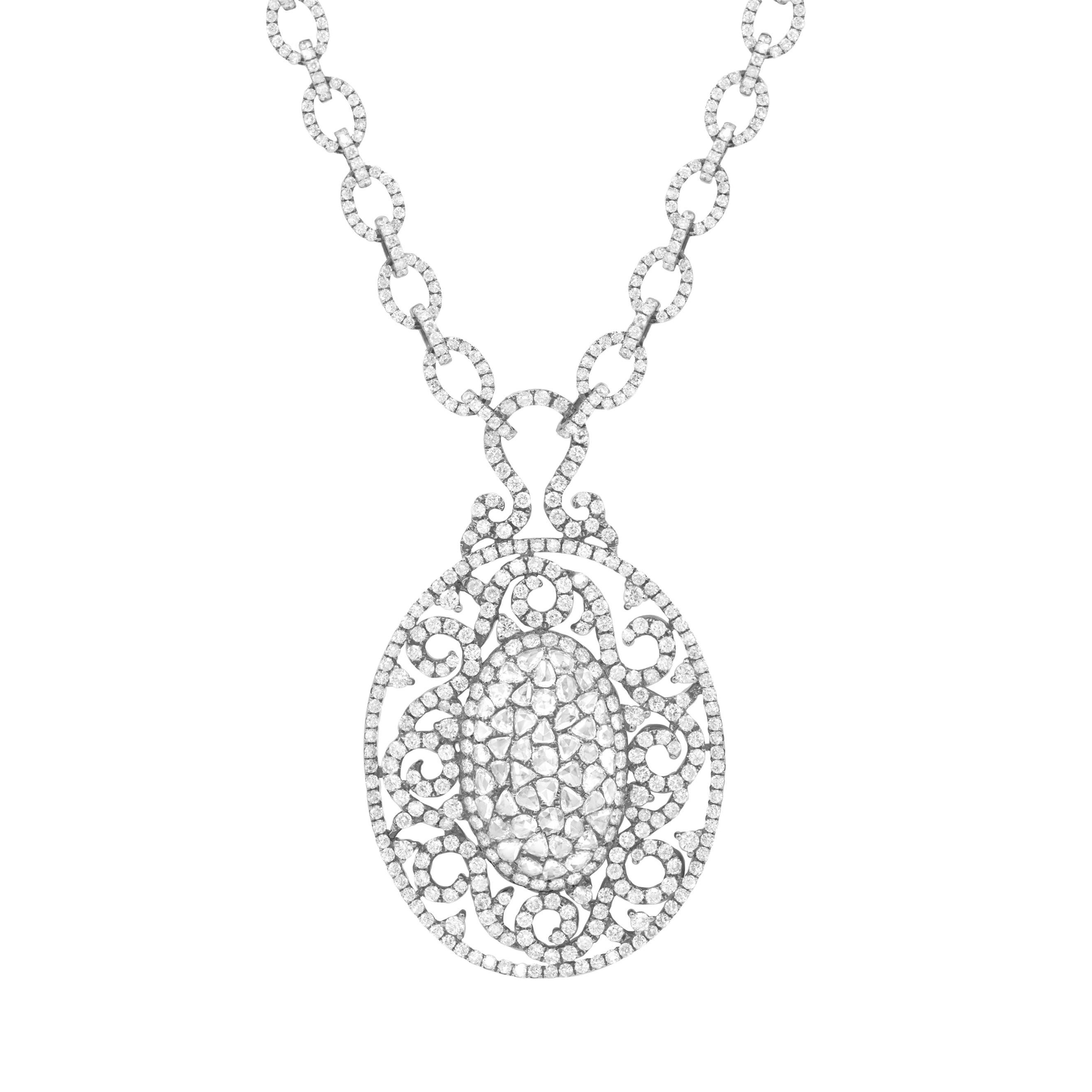 18kt  Custom White Gold Pendant Containing 12.00 cts of Rose Cut Diamonds In New Condition For Sale In New York, NY