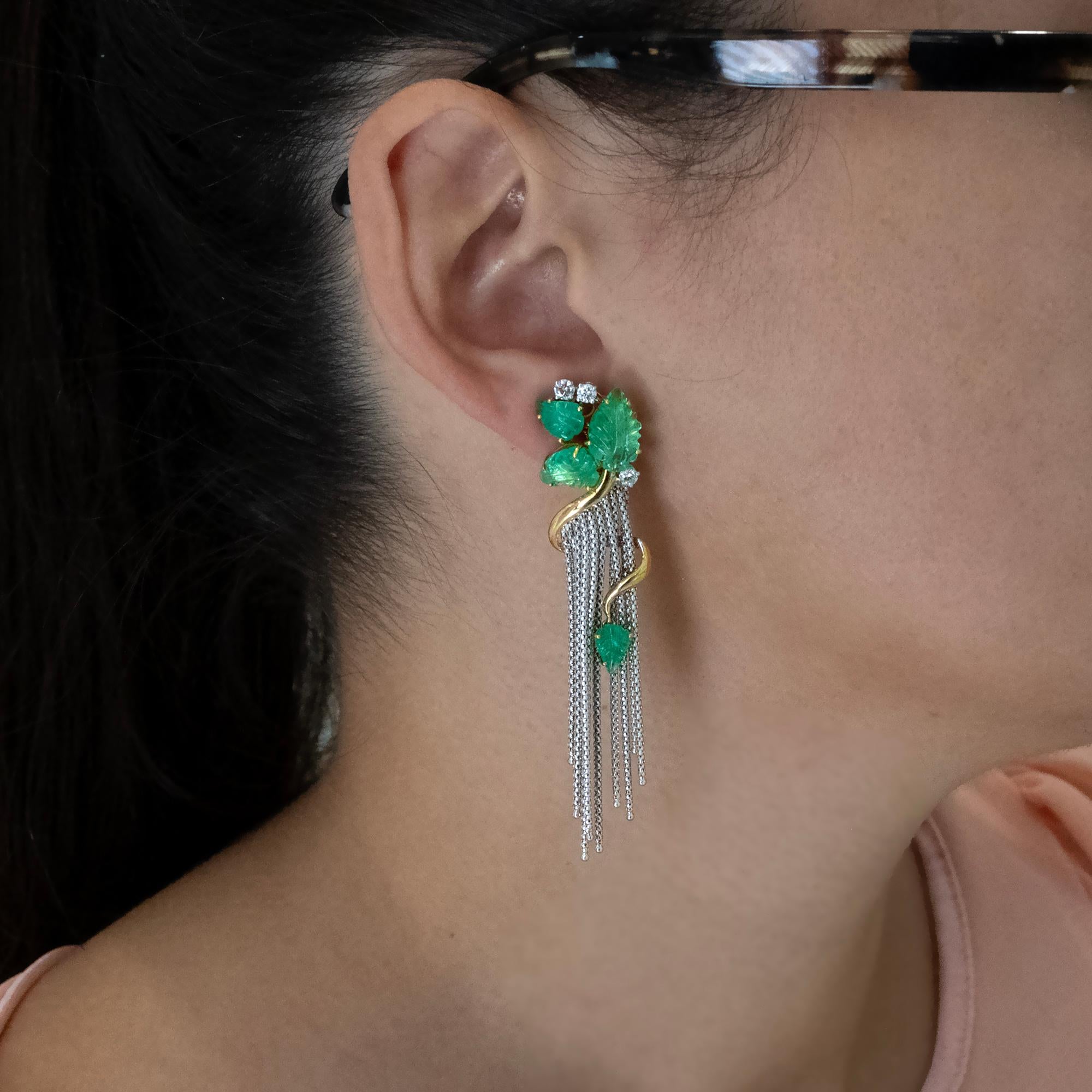 Art Nouveau 18KT Dual-tone Gold Carved Emerald Leaves and Diamond Chandelier Earrings For Sale