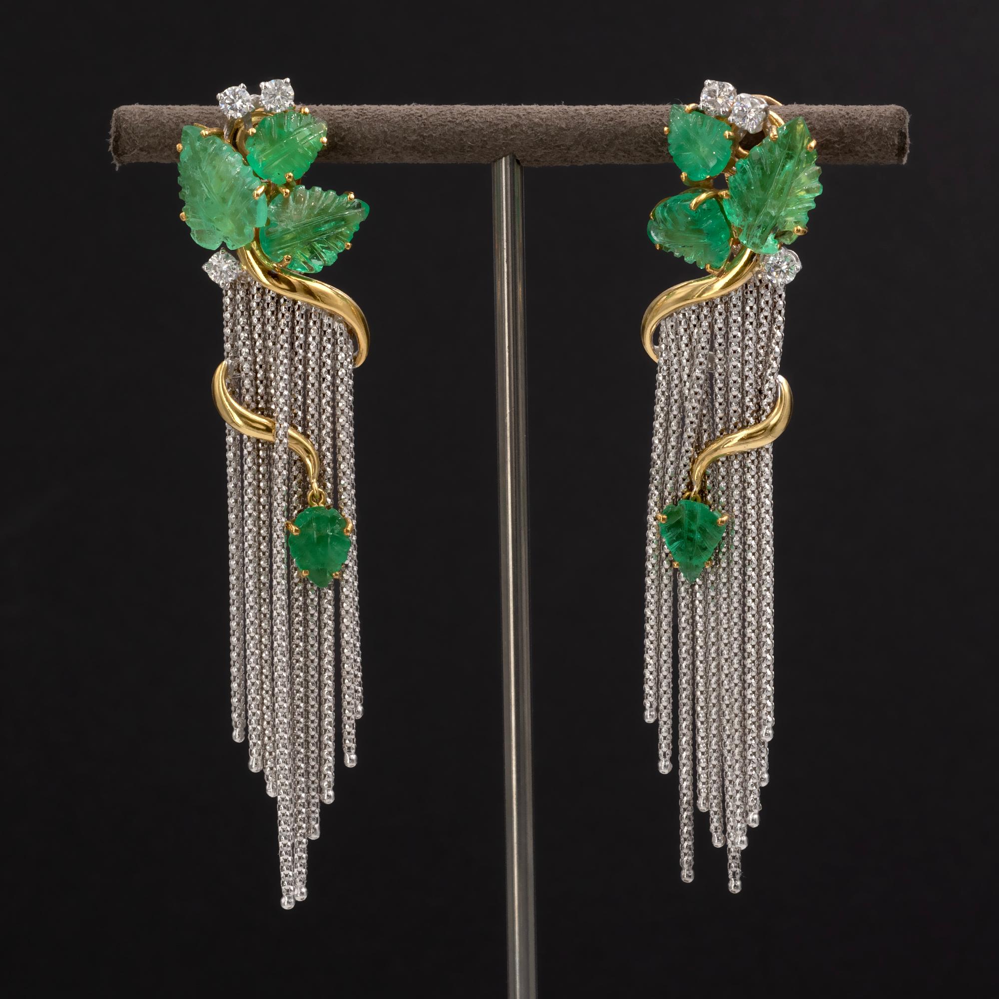 Brilliant Cut 18KT Dual-tone Gold Carved Emerald Leaves and Diamond Chandelier Earrings For Sale