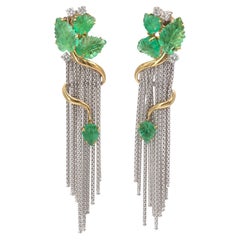 18KT Dual-tone Gold Carved Emerald Leaves and Diamond Chandelier Earrings