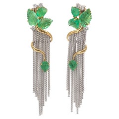 Boucles d'oreilles chandelier en or 18KT Dual-tone, feuilles d'émeraude sculptées et diamants
