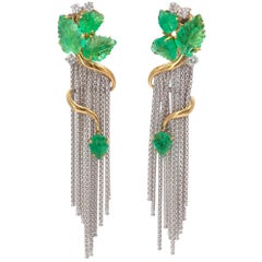18KT Dual-tone Gold Carved Emerald Leaves and Diamond Chandelier Earrings