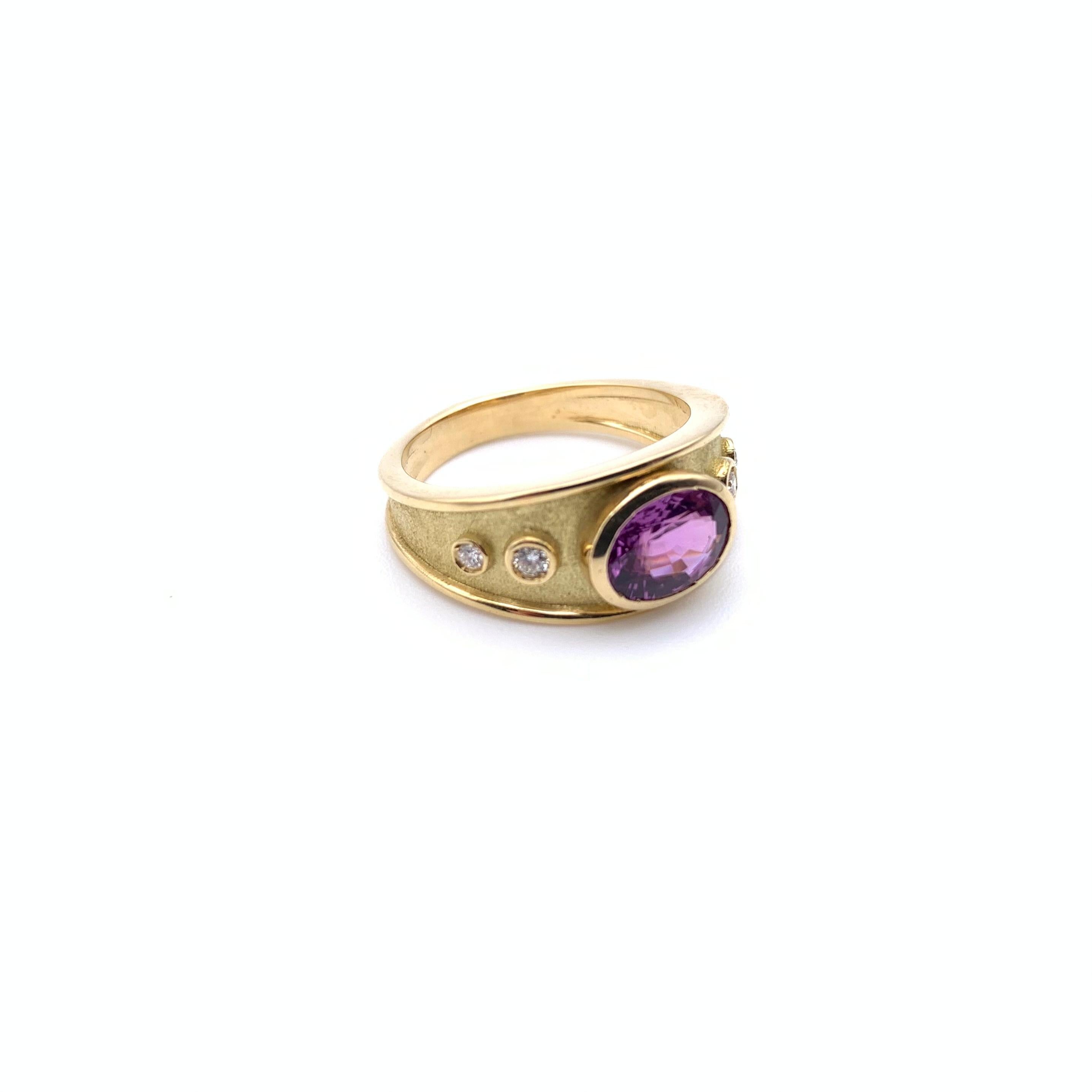 Women's or Men's 18KT Etruscan Purple Sapphire and Diamond Ring For Sale
