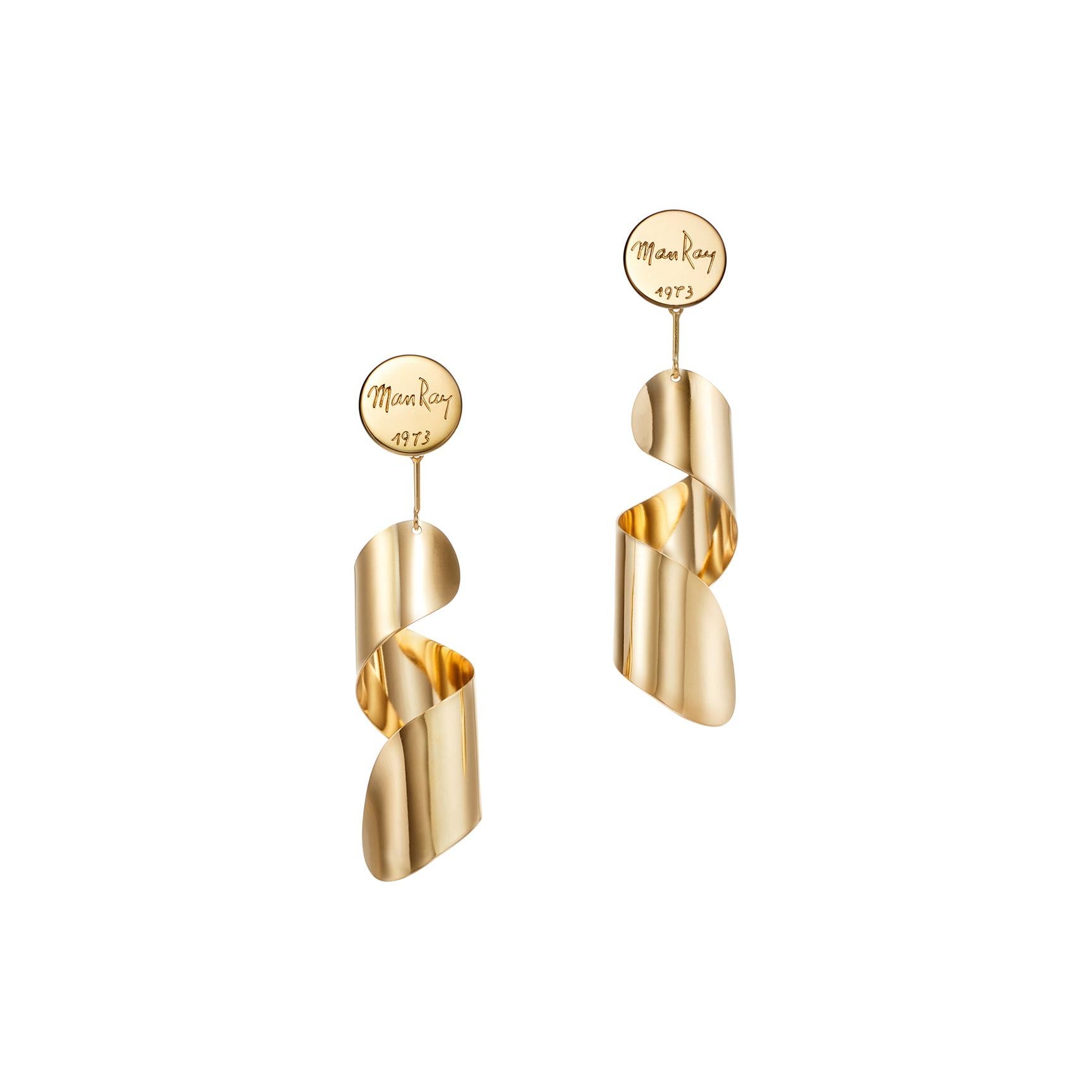 18kt Fairmined Ecological Yellow Gold Man Ray Drop Lampshade Earrings For Sale