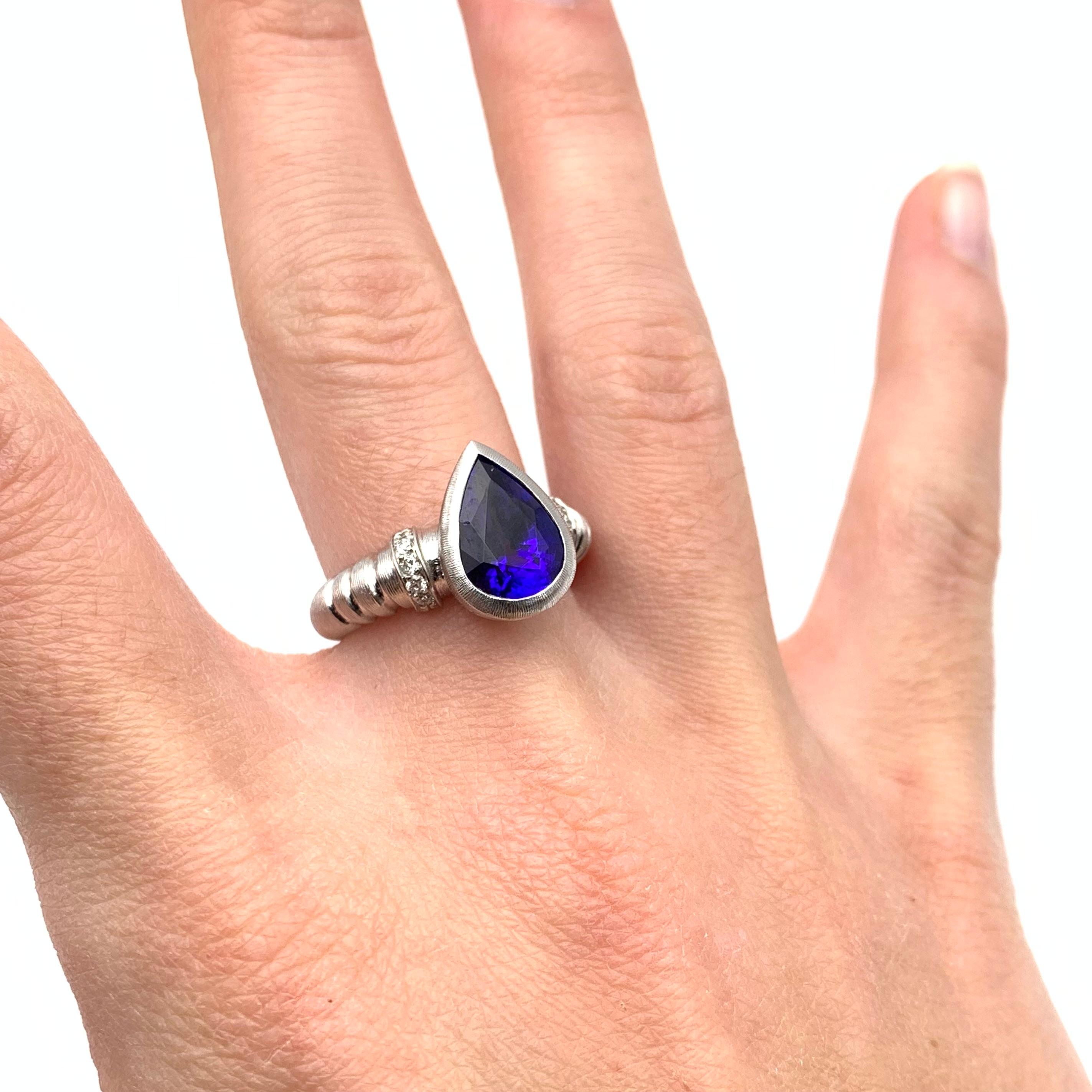 Pear Cut 18KT Florentine Engraved 4.03 CT Tanzanite & Diamond Ring For Sale